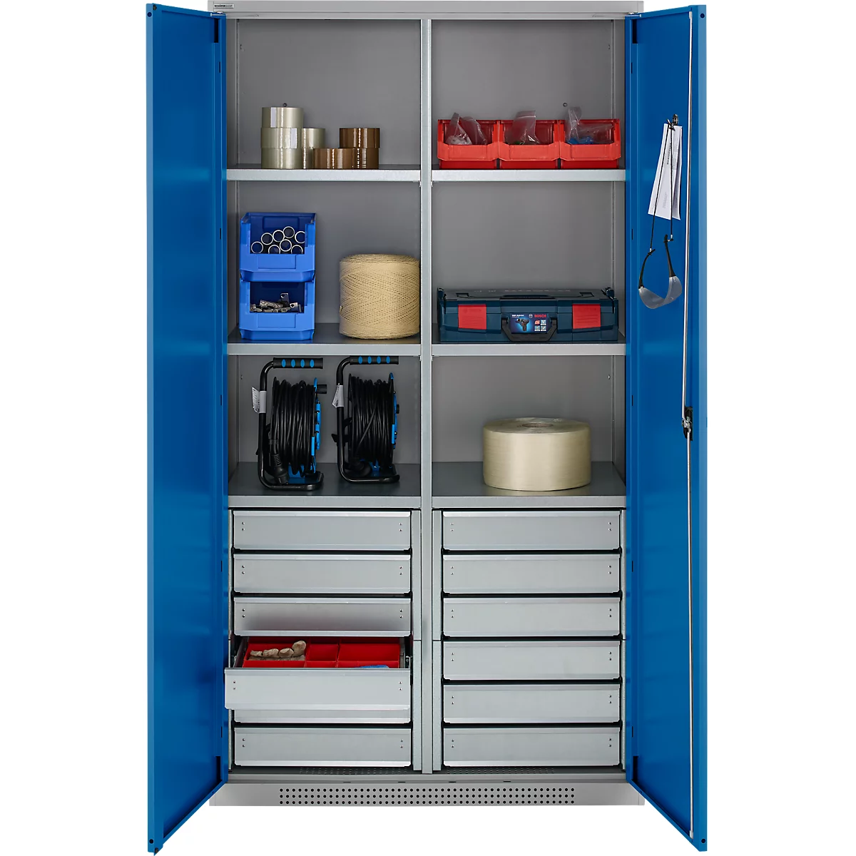 Schäfer Shop Genius materiaalkast FS, 5 OH, afsluitbaar, 4 legborden/12 laden, tot 450 kg, B 1055 x D 520 x H 1950 mm, staal, witaluminium/ gentiaanblauw