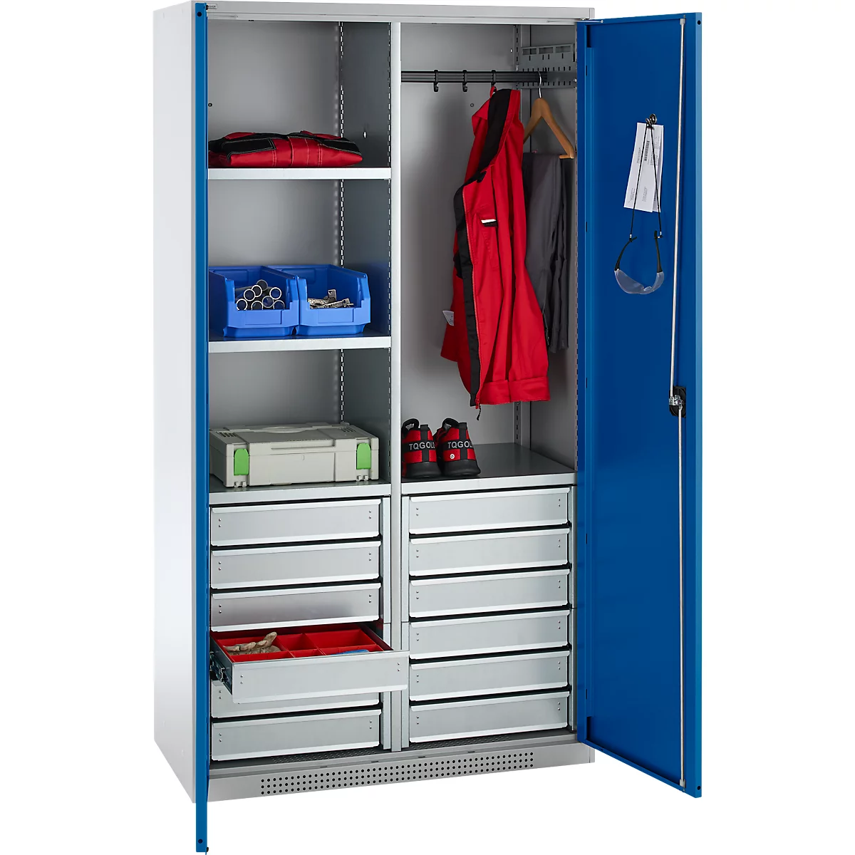Schäfer Shop Genius materiaalkast FS, 5 OH, afsluitbaar, 4 legborden/12 laden, tot 450 kg, B 1055 x D 520 x H 1950 mm, staal, witaluminium/ gentiaanblauw
