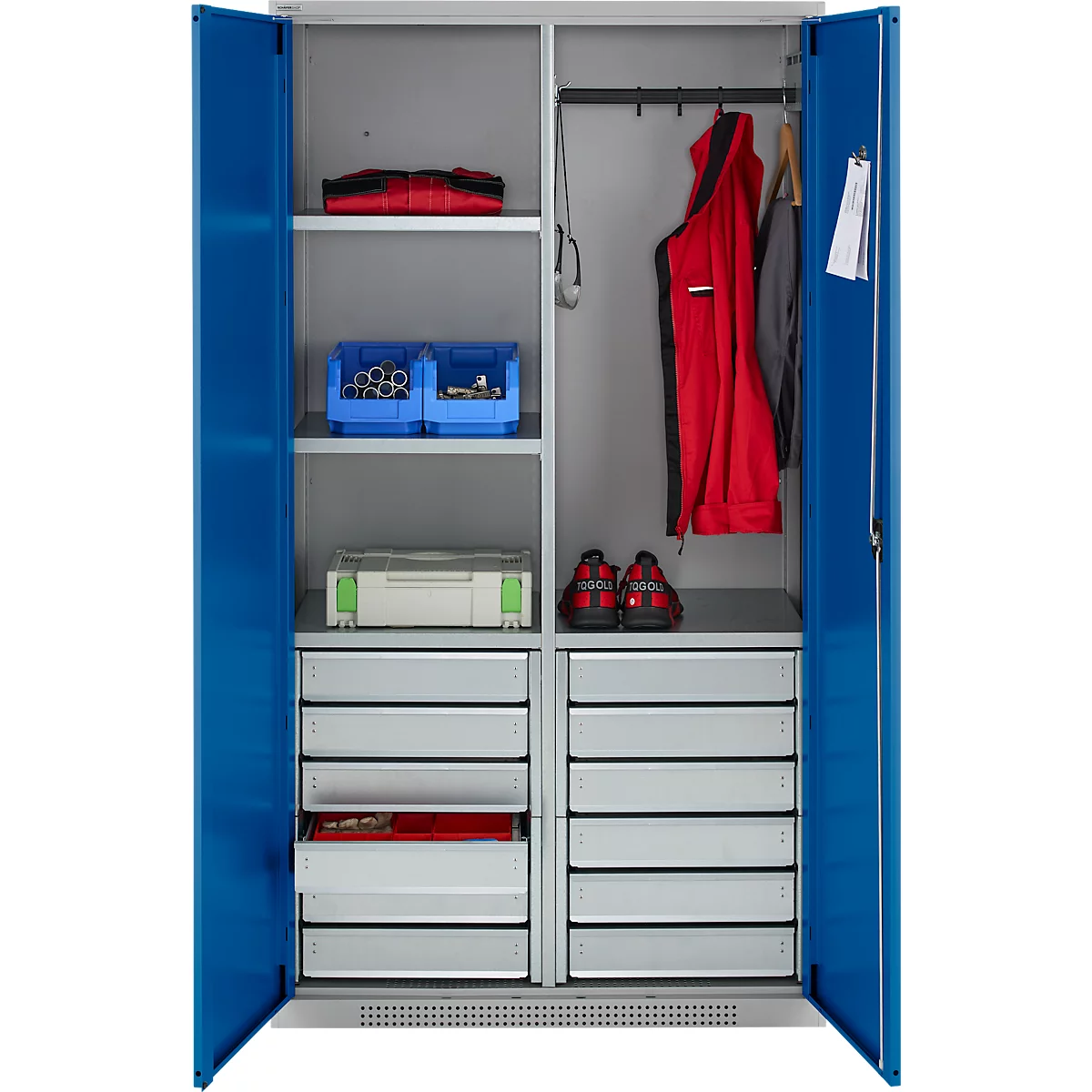 Schäfer Shop Genius materiaalkast FS, 5 OH, afsluitbaar, 4 legborden/12 laden, tot 450 kg, B 1055 x D 520 x H 1950 mm, staal, witaluminium/ gentiaanblauw