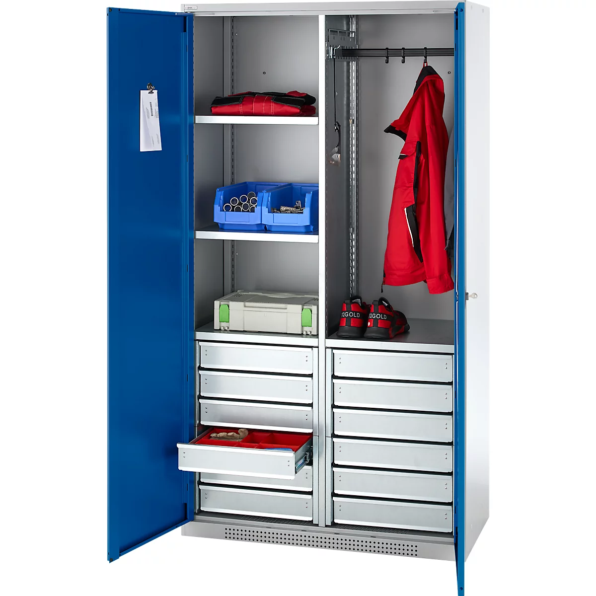 Schäfer Shop Genius materiaalkast FS, 5 OH, afsluitbaar, 4 legborden/12 laden, tot 450 kg, B 1055 x D 520 x H 1950 mm, staal, witaluminium/ gentiaanblauw