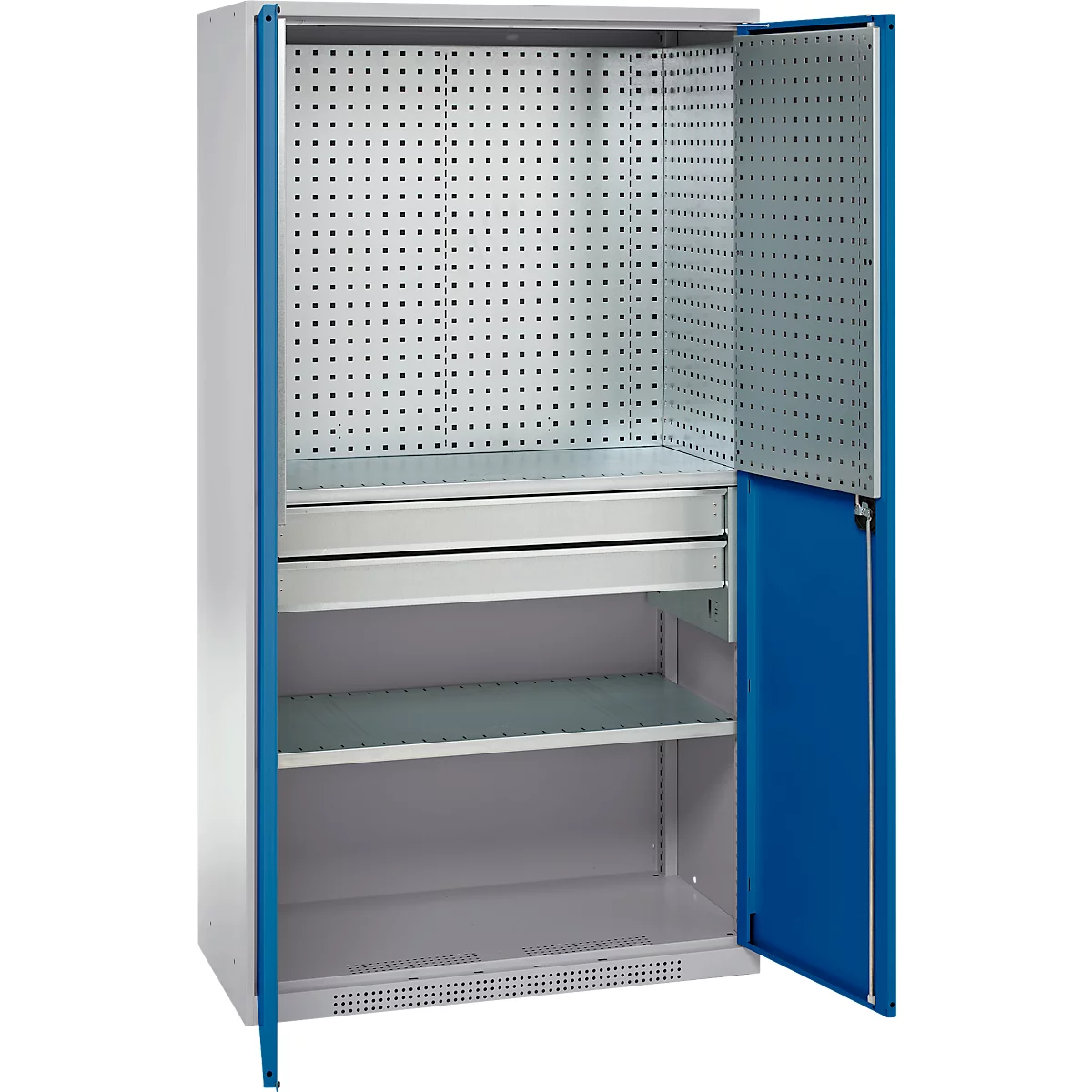 Schäfer Shop Genius materiaalkast FS, 5 OH, afsluitbaar, geperforeerde roosterwanden/2 laden/2 legborden, tot 450 kg, B 1055 x D 520 x H 1950 mm, aluminium wit/ gentiaanblauw + gratis inzetbakset-24 st.