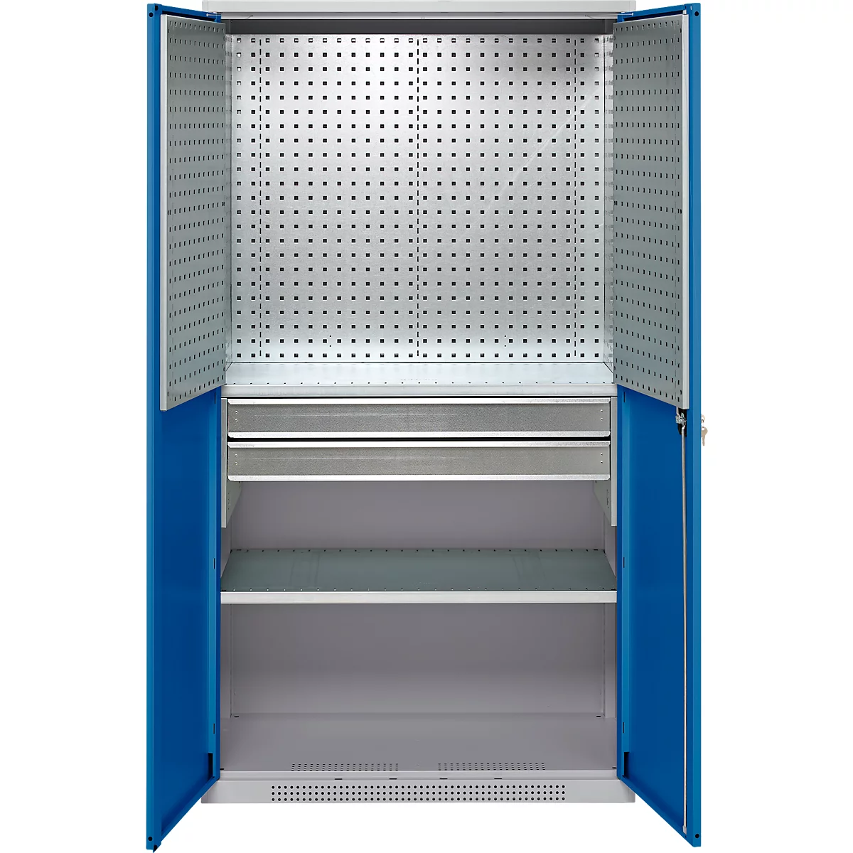 Schäfer Shop Genius materiaalkast FS, 5 OH, afsluitbaar, geperforeerde roosterwanden/2 laden/2 legborden, tot 450 kg, B 1055 x D 520 x H 1950 mm, aluminium wit/ gentiaanblauw + gratis inzetbakset-24 st.