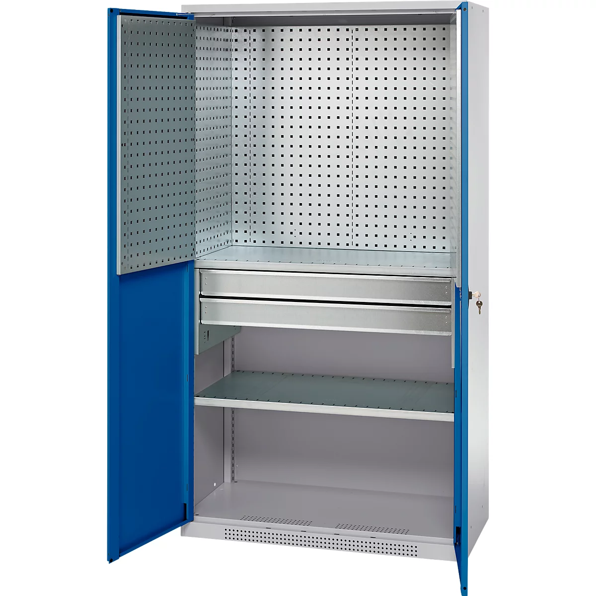Schäfer Shop Genius materiaalkast FS, 5 OH, afsluitbaar, geperforeerde roosterwanden/2 laden/2 legborden, tot 450 kg, B 1055 x D 520 x H 1950 mm, aluminium wit/ gentiaanblauw + gratis inzetbakset-24 st.
