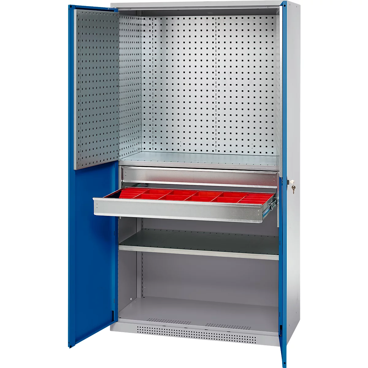 Schäfer Shop Genius materiaalkast FS, 5 OH, afsluitbaar, geperforeerde roosterwanden/2 laden/2 legborden, tot 450 kg, B 1055 x D 520 x H 1950 mm, aluminium wit/ gentiaanblauw + gratis inzetbakset-24 st.