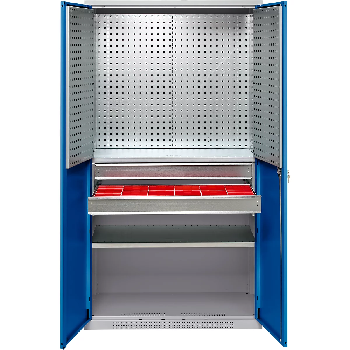 Schäfer Shop Genius materiaalkast FS, 5 OH, afsluitbaar, geperforeerde roosterwanden/2 laden/2 legborden, tot 450 kg, B 1055 x D 520 x H 1950 mm, aluminium wit/ gentiaanblauw + gratis inzetbakset-24 st.