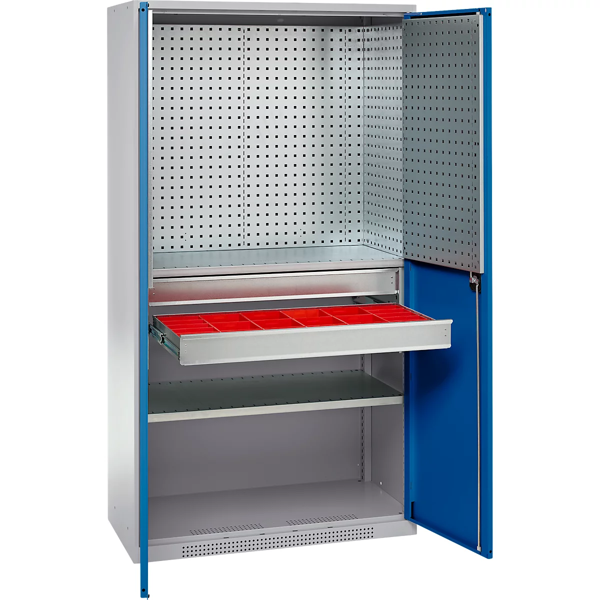 Schäfer Shop Genius materiaalkast FS, 5 OH, afsluitbaar, geperforeerde roosterwanden/2 laden/2 legborden, tot 450 kg, B 1055 x D 520 x H 1950 mm, aluminium wit/ gentiaanblauw + gratis inzetbakset-24 st.