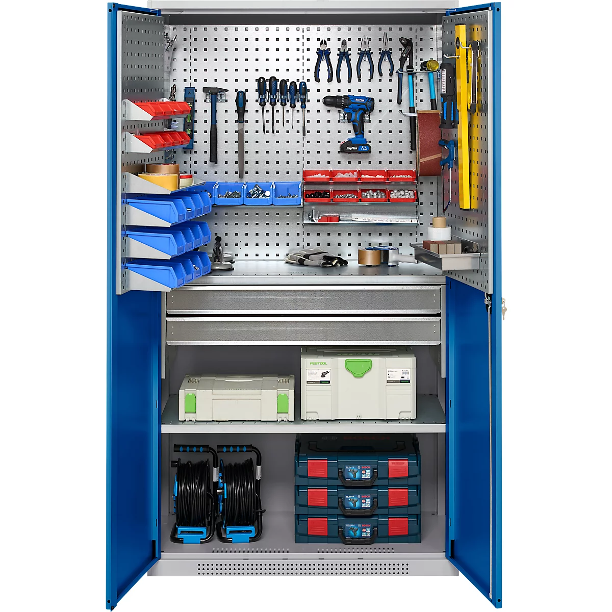 Schäfer Shop Genius materiaalkast FS, 5 OH, afsluitbaar, geperforeerde roosterwanden/2 laden/2 legborden, tot 450 kg, B 1055 x D 520 x H 1950 mm, aluminium wit/ gentiaanblauw + gratis inzetbakset-24 st.