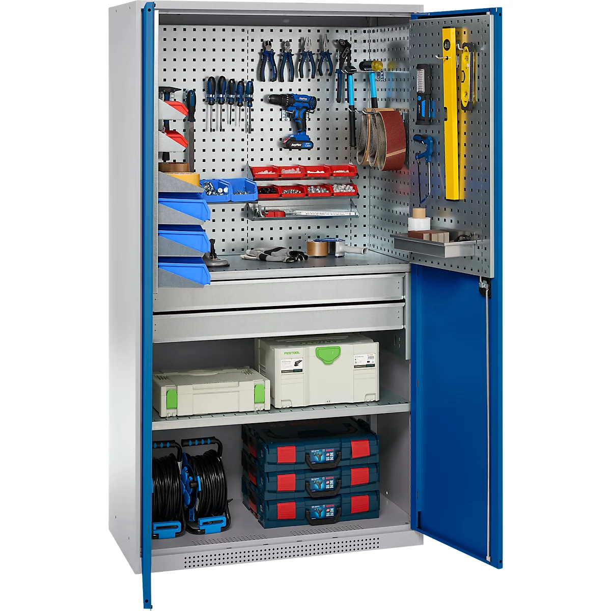 Schäfer Shop Genius materiaalkast FS, 5 OH, afsluitbaar, geperforeerde roosterwanden/2 laden/2 legborden, tot 450 kg, B 1055 x D 520 x H 1950 mm, aluminium wit/ gentiaanblauw + gratis inzetbakset-24 st.