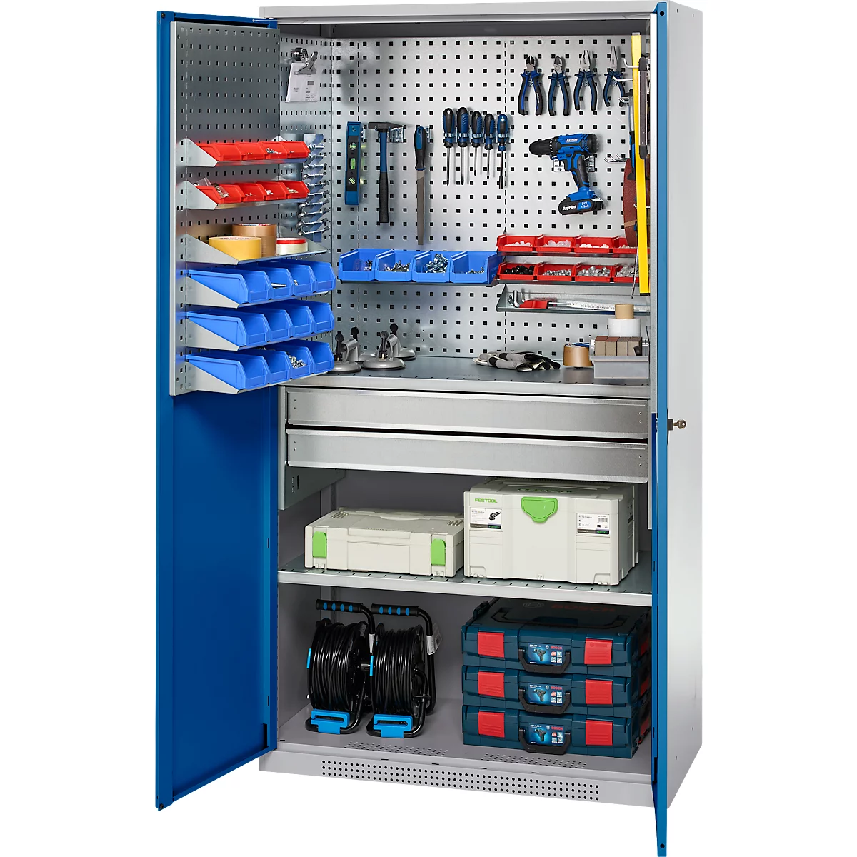 Schäfer Shop Genius materiaalkast FS, 5 OH, afsluitbaar, geperforeerde roosterwanden/2 laden/2 legborden, tot 450 kg, B 1055 x D 520 x H 1950 mm, aluminium wit/ gentiaanblauw + gratis inzetbakset-24 st.