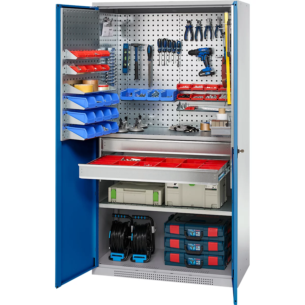 Schäfer Shop Genius materiaalkast FS, 5 OH, afsluitbaar, geperforeerde roosterwanden/2 laden/2 legborden, tot 450 kg, B 1055 x D 520 x H 1950 mm, aluminium wit/ gentiaanblauw + gratis inzetbakset-24 st.