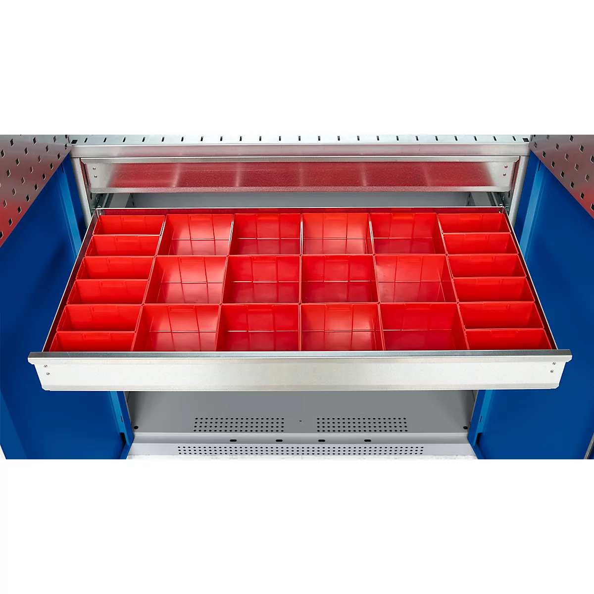 Schäfer Shop Genius materiaalkast FS, 5 OH, afsluitbaar, geperforeerde roosterwanden/2 laden/2 legborden, tot 450 kg, B 1055 x D 520 x H 1950 mm, aluminium wit/ gentiaanblauw + gratis inzetbakset-24 st.
