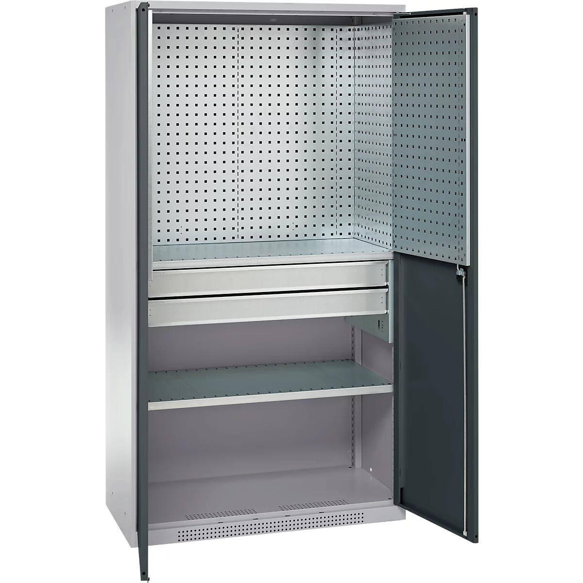 Schäfer Shop Genius materiaalkast FS, 5 OH, afsluitbaar, geperforeerde roosterwanden/2 laden/2 legborden, tot 450 kg, B 1055 x D 520 x H 1950 mm, blank aluminium/antracietgrijs + gratis inzetbakset-24 st.