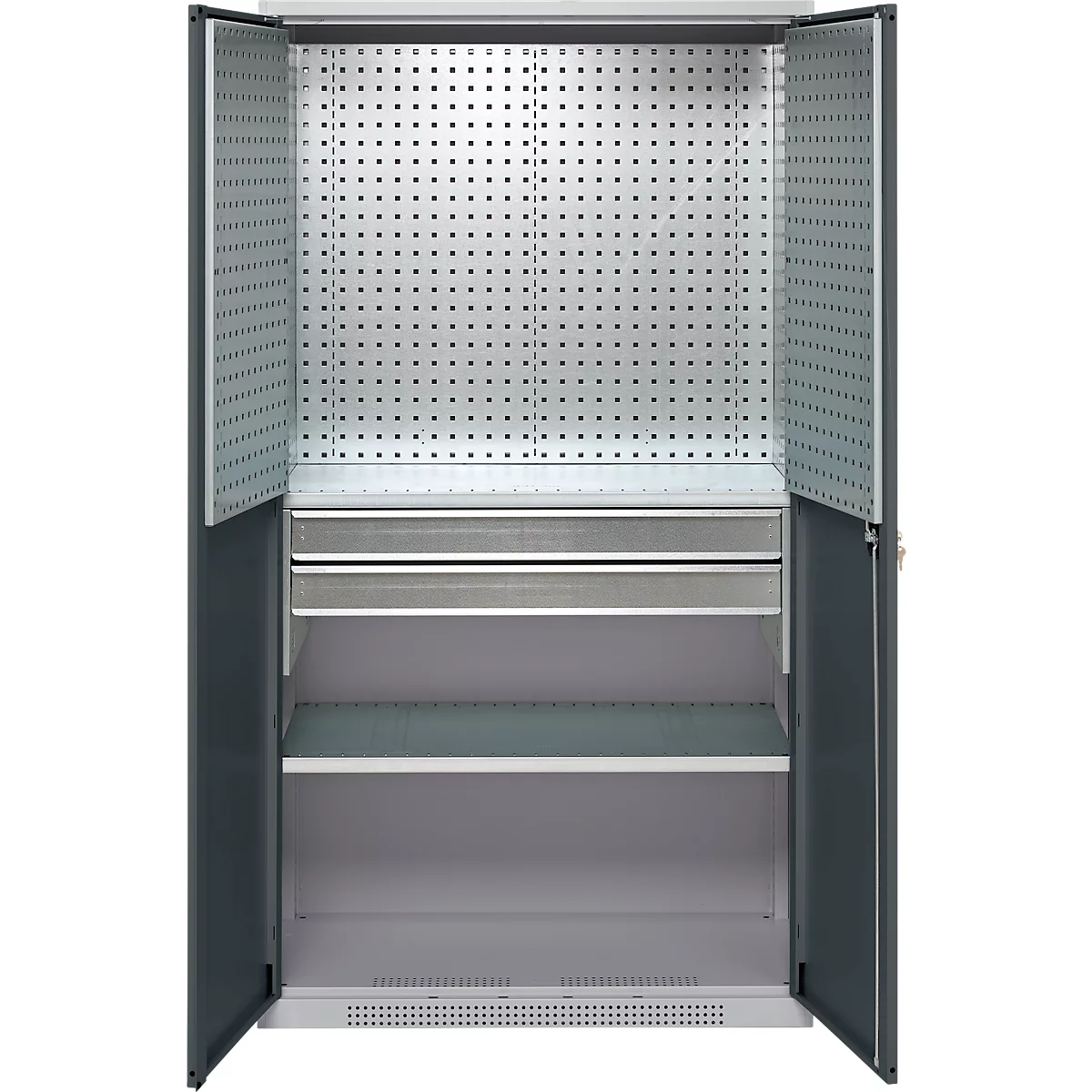 Schäfer Shop Genius materiaalkast FS, 5 OH, afsluitbaar, geperforeerde roosterwanden/2 laden/2 legborden, tot 450 kg, B 1055 x D 520 x H 1950 mm, blank aluminium/antracietgrijs + gratis inzetbakset-24 st.