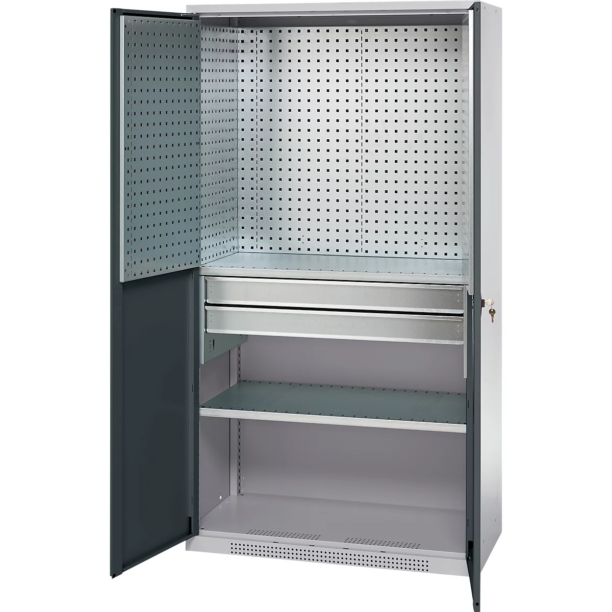 Schäfer Shop Genius materiaalkast FS, 5 OH, afsluitbaar, geperforeerde roosterwanden/2 laden/2 legborden, tot 450 kg, B 1055 x D 520 x H 1950 mm, blank aluminium/antracietgrijs + gratis inzetbakset-24 st.