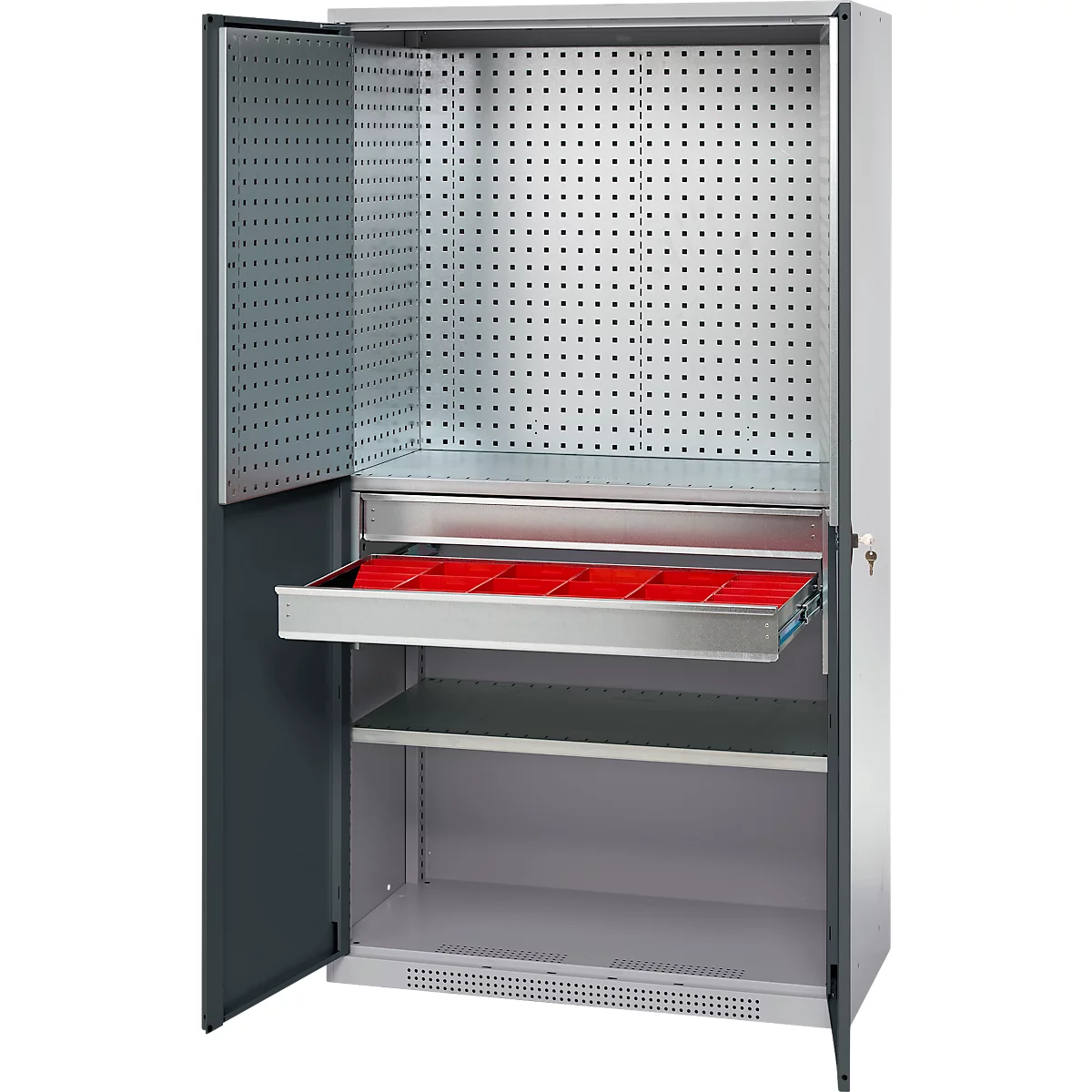 Schäfer Shop Genius materiaalkast FS, 5 OH, afsluitbaar, geperforeerde roosterwanden/2 laden/2 legborden, tot 450 kg, B 1055 x D 520 x H 1950 mm, blank aluminium/antracietgrijs + gratis inzetbakset-24 st.