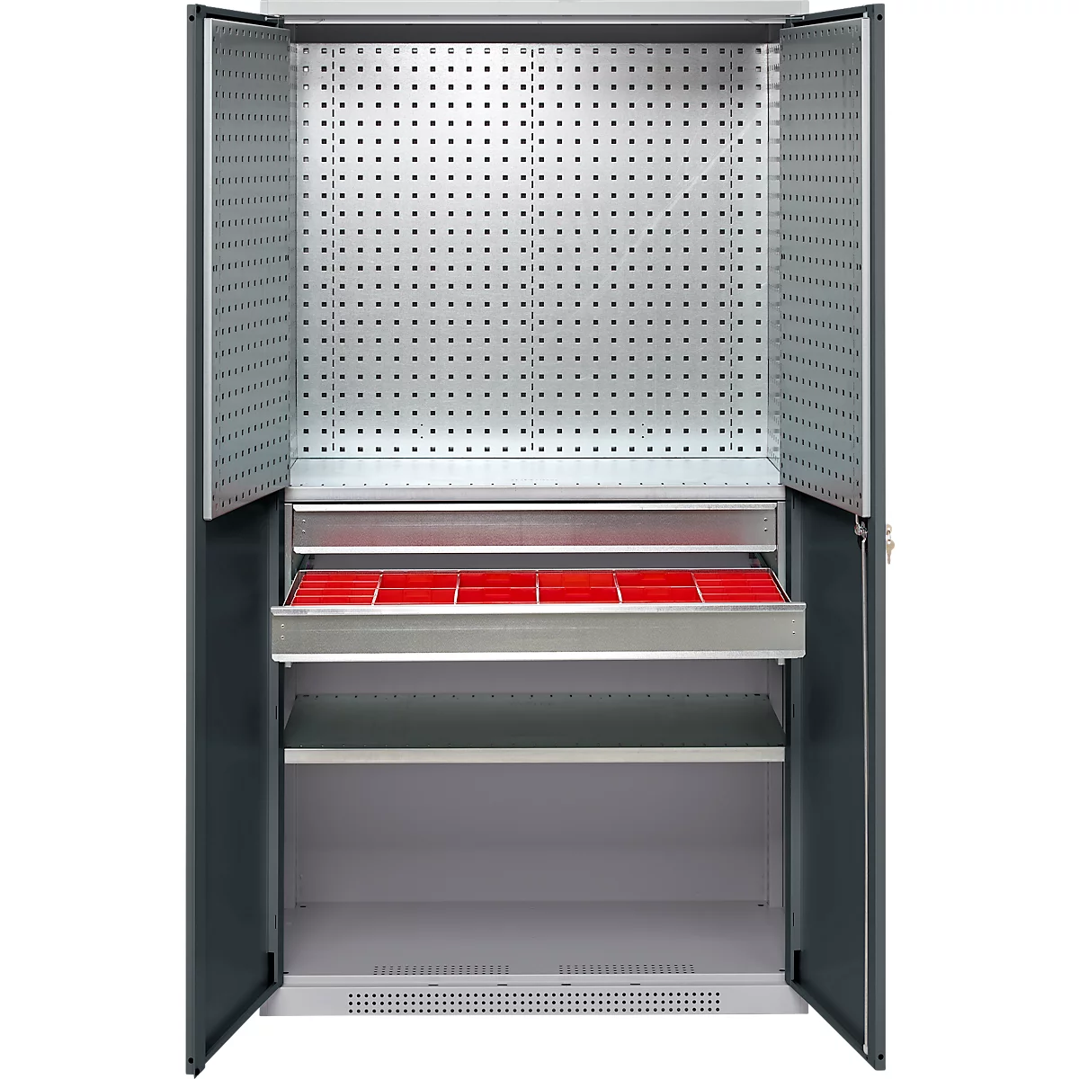 Schäfer Shop Genius materiaalkast FS, 5 OH, afsluitbaar, geperforeerde roosterwanden/2 laden/2 legborden, tot 450 kg, B 1055 x D 520 x H 1950 mm, blank aluminium/antracietgrijs + gratis inzetbakset-24 st.