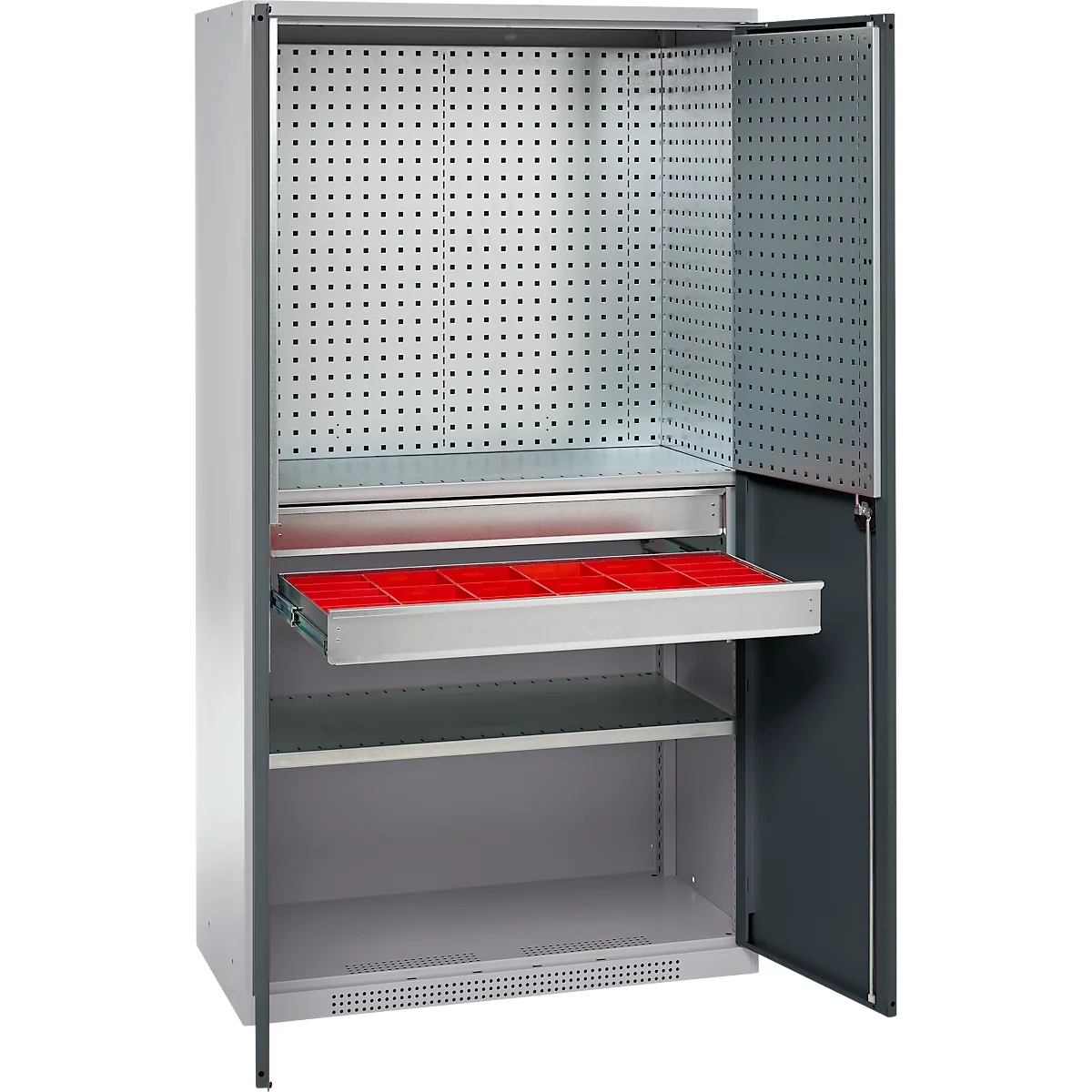 Schäfer Shop Genius materiaalkast FS, 5 OH, afsluitbaar, geperforeerde roosterwanden/2 laden/2 legborden, tot 450 kg, B 1055 x D 520 x H 1950 mm, blank aluminium/antracietgrijs + gratis inzetbakset-24 st.