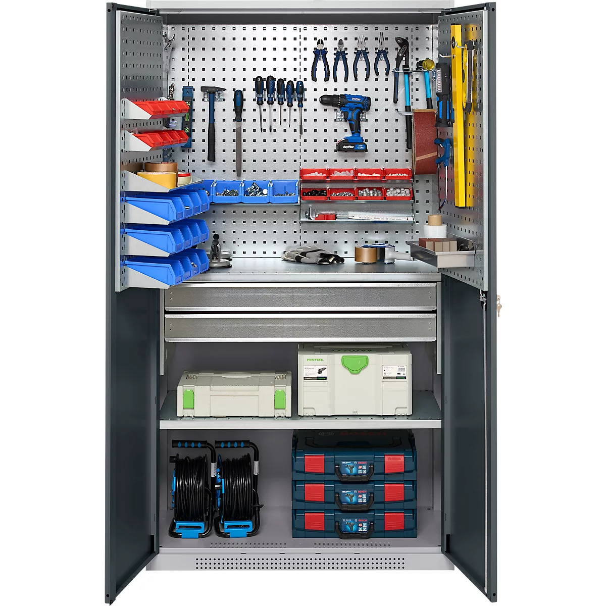 Schäfer Shop Genius materiaalkast FS, 5 OH, afsluitbaar, geperforeerde roosterwanden/2 laden/2 legborden, tot 450 kg, B 1055 x D 520 x H 1950 mm, blank aluminium/antracietgrijs + gratis inzetbakset-24 st.