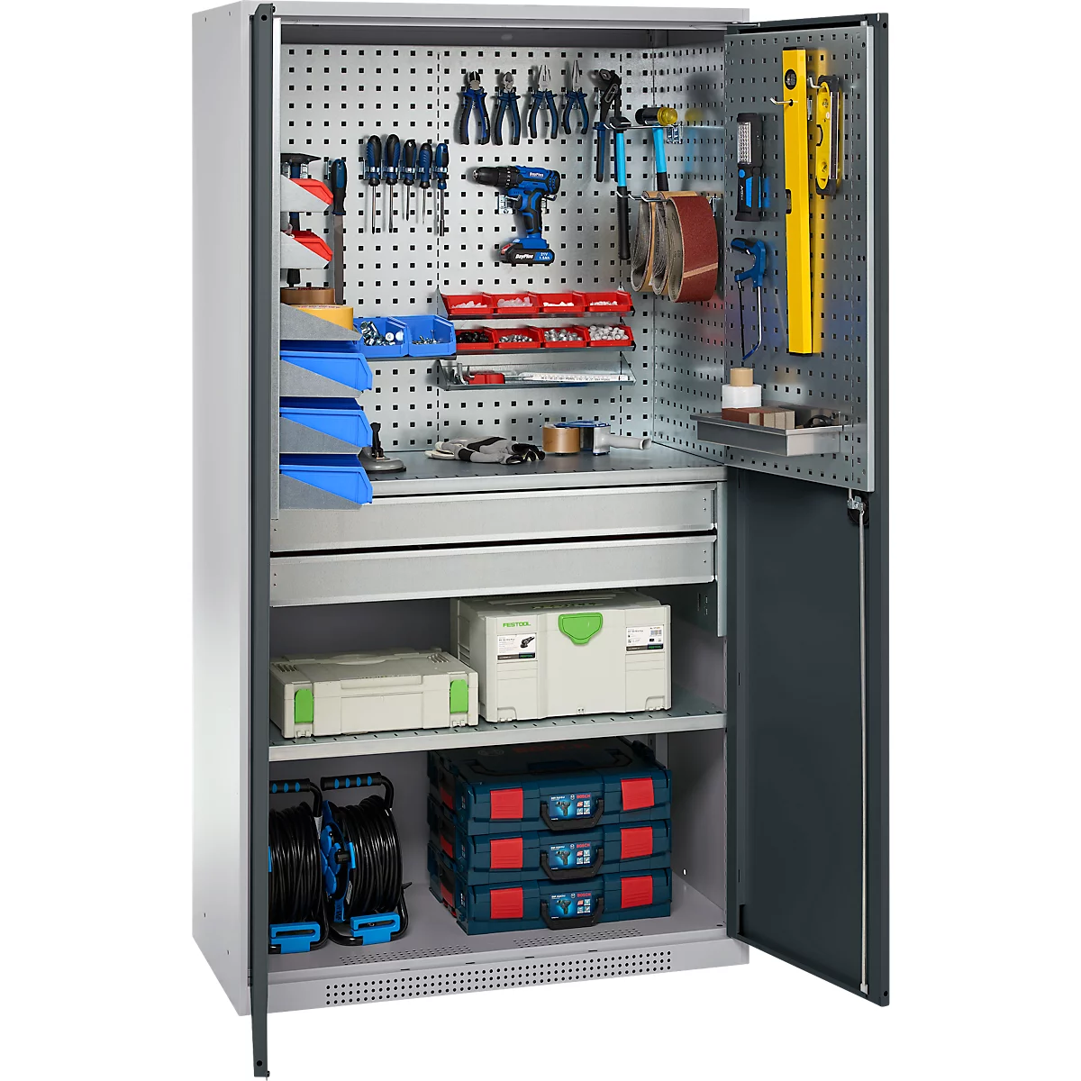 Schäfer Shop Genius materiaalkast FS, 5 OH, afsluitbaar, geperforeerde roosterwanden/2 laden/2 legborden, tot 450 kg, B 1055 x D 520 x H 1950 mm, blank aluminium/antracietgrijs + gratis inzetbakset-24 st.