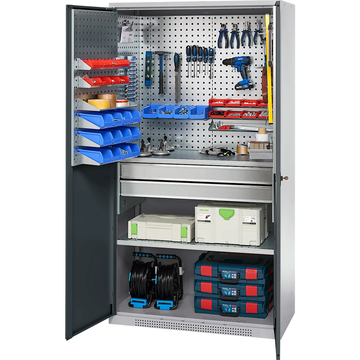 Schäfer Shop Genius materiaalkast FS, 5 OH, afsluitbaar, geperforeerde roosterwanden/2 laden/2 legborden, tot 450 kg, B 1055 x D 520 x H 1950 mm, blank aluminium/antracietgrijs + gratis inzetbakset-24 st.