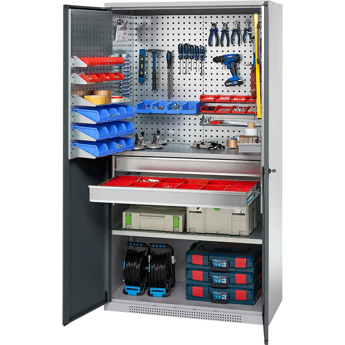 Schäfer Shop Genius materiaalkast FS, 5 OH, afsluitbaar, geperforeerde roosterwanden/2 laden/2 legborden, tot 450 kg, B 1055 x D 520 x H 1950 mm, blank aluminium/antracietgrijs + gratis inzetbakset-24 st.