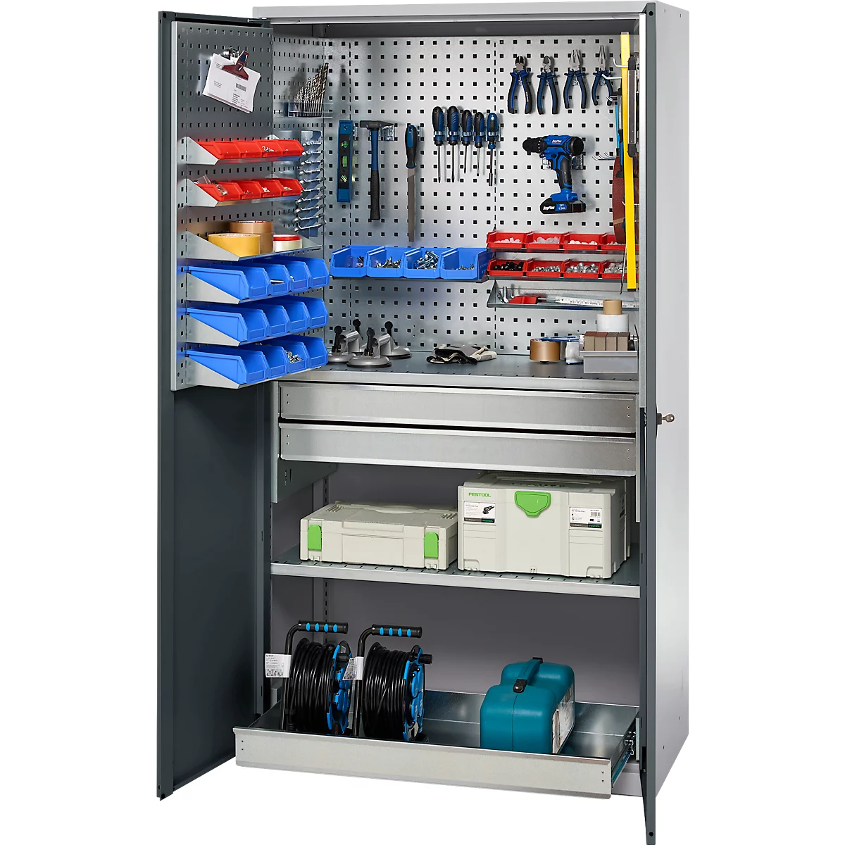 Schäfer Shop Genius materiaalkast FS, 5 OH, afsluitbaar, geperforeerde roosterwanden/2 laden/2 legborden, tot 450 kg, B 1055 x D 520 x H 1950 mm, blank aluminium/antracietgrijs + gratis inzetbakset-24 st.