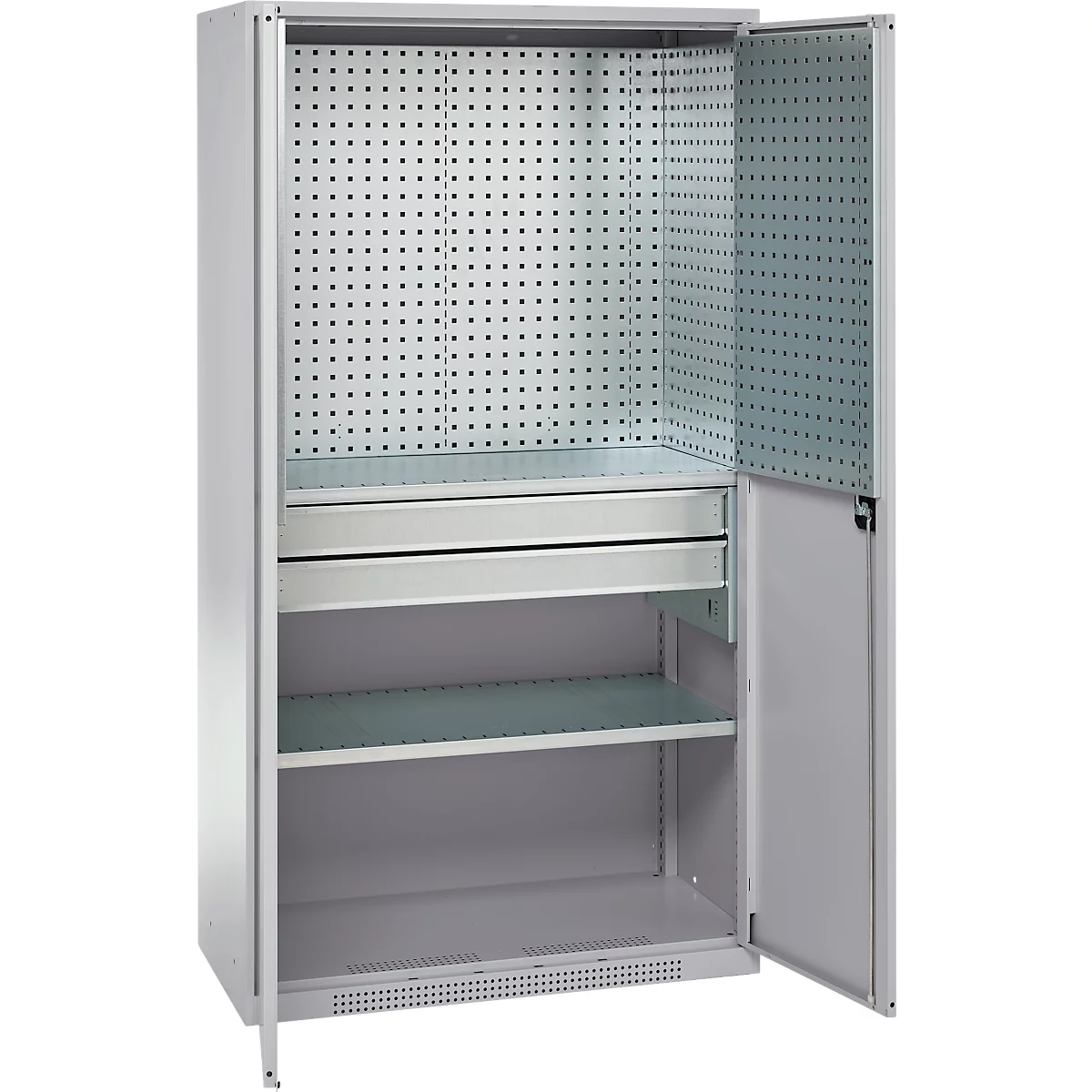 Schäfer Shop Genius materiaalkast FS, 5 OH, afsluitbaar, geperforeerde roosterwanden/2 laden/2 legborden, tot 450 kg, B 1055 x D 520 x H 1950 mm, blank aluminium/wit aluminium + gratis inzetbakset-24 st.