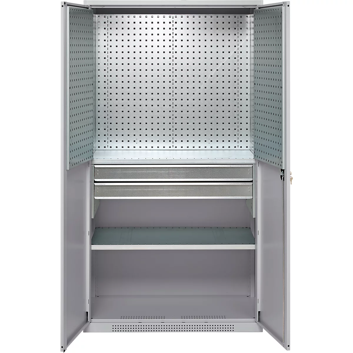 Schäfer Shop Genius materiaalkast FS, 5 OH, afsluitbaar, geperforeerde roosterwanden/2 laden/2 legborden, tot 450 kg, B 1055 x D 520 x H 1950 mm, blank aluminium/wit aluminium + gratis inzetbakset-24 st.