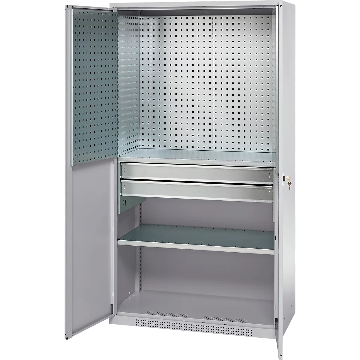 Schäfer Shop Genius materiaalkast FS, 5 OH, afsluitbaar, geperforeerde roosterwanden/2 laden/2 legborden, tot 450 kg, B 1055 x D 520 x H 1950 mm, blank aluminium/wit aluminium + gratis inzetbakset-24 st.