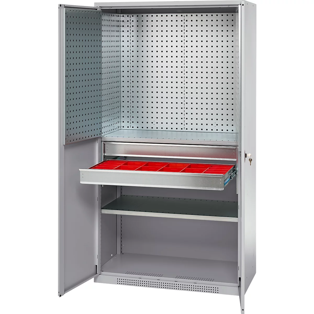 Schäfer Shop Genius materiaalkast FS, 5 OH, afsluitbaar, geperforeerde roosterwanden/2 laden/2 legborden, tot 450 kg, B 1055 x D 520 x H 1950 mm, blank aluminium/wit aluminium + gratis inzetbakset-24 st.