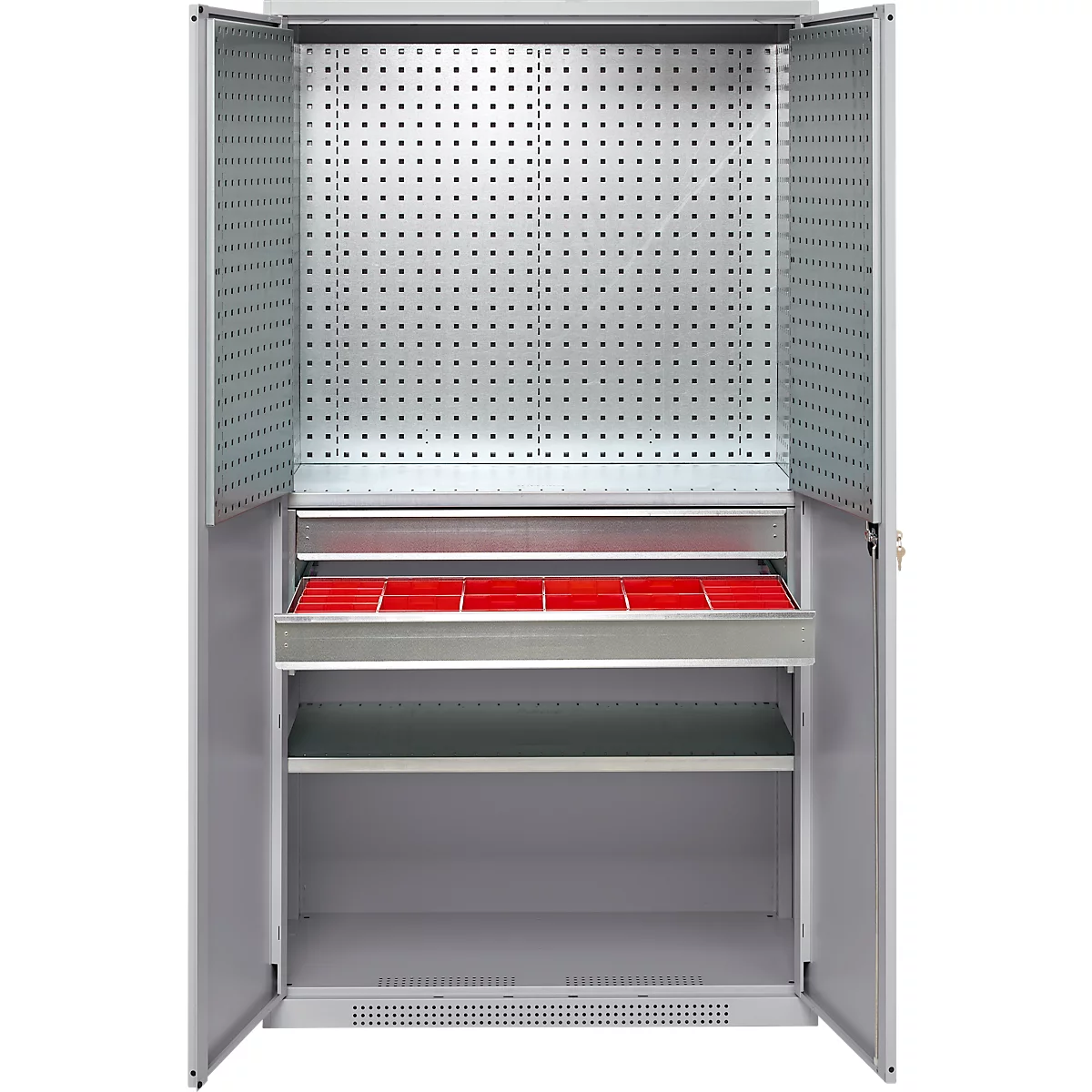 Schäfer Shop Genius materiaalkast FS, 5 OH, afsluitbaar, geperforeerde roosterwanden/2 laden/2 legborden, tot 450 kg, B 1055 x D 520 x H 1950 mm, blank aluminium/wit aluminium + gratis inzetbakset-24 st.