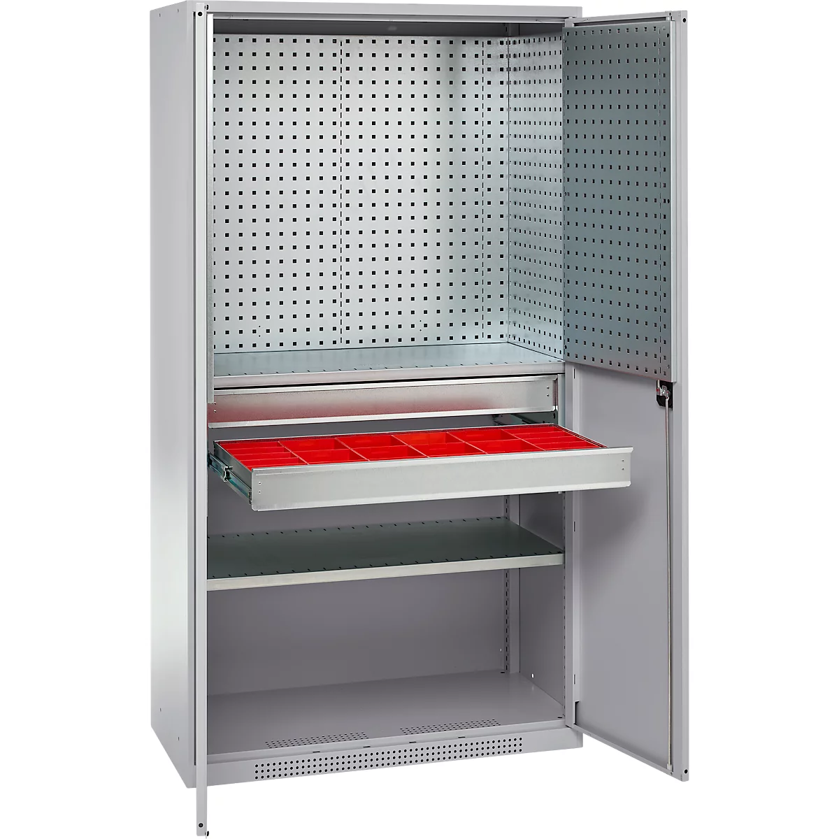 Schäfer Shop Genius materiaalkast FS, 5 OH, afsluitbaar, geperforeerde roosterwanden/2 laden/2 legborden, tot 450 kg, B 1055 x D 520 x H 1950 mm, blank aluminium/wit aluminium + gratis inzetbakset-24 st.