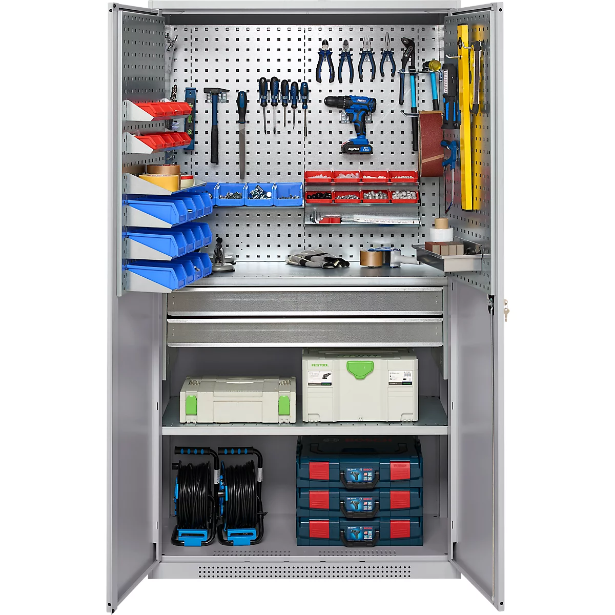 Schäfer Shop Genius materiaalkast FS, 5 OH, afsluitbaar, geperforeerde roosterwanden/2 laden/2 legborden, tot 450 kg, B 1055 x D 520 x H 1950 mm, blank aluminium/wit aluminium + gratis inzetbakset-24 st.