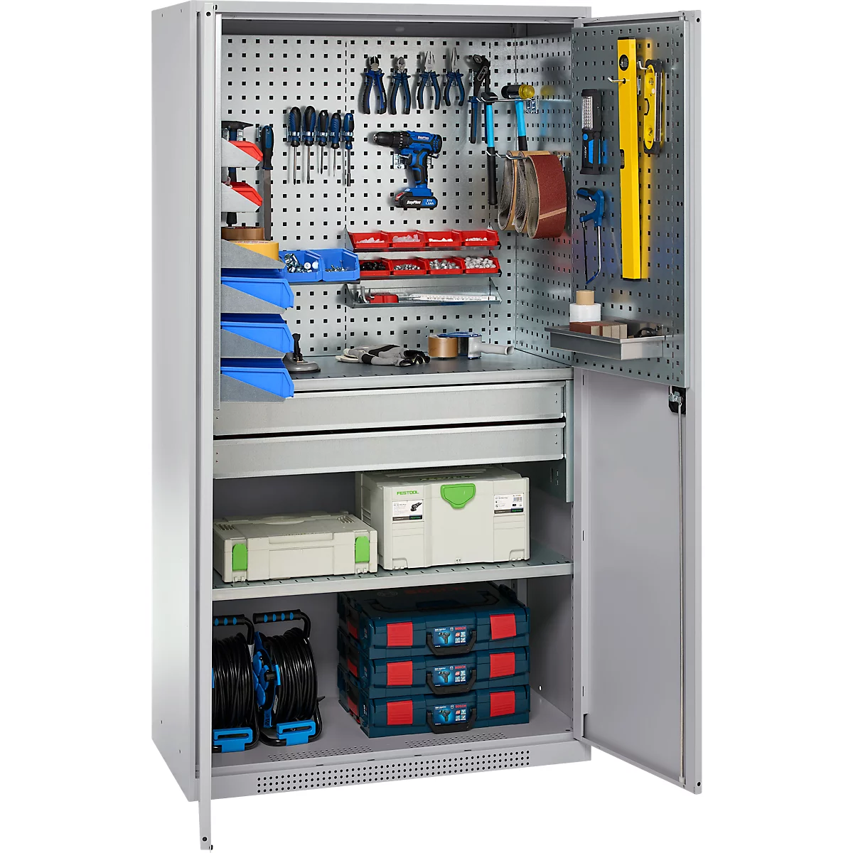 Schäfer Shop Genius materiaalkast FS, 5 OH, afsluitbaar, geperforeerde roosterwanden/2 laden/2 legborden, tot 450 kg, B 1055 x D 520 x H 1950 mm, blank aluminium/wit aluminium + gratis inzetbakset-24 st.