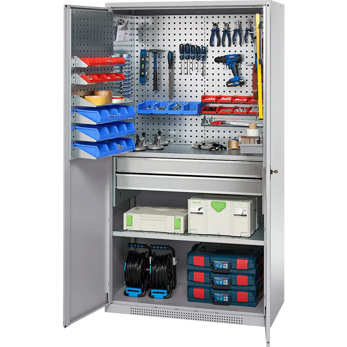 Schäfer Shop Genius materiaalkast FS, 5 OH, afsluitbaar, geperforeerde roosterwanden/2 laden/2 legborden, tot 450 kg, B 1055 x D 520 x H 1950 mm, blank aluminium/wit aluminium + gratis inzetbakset-24 st.