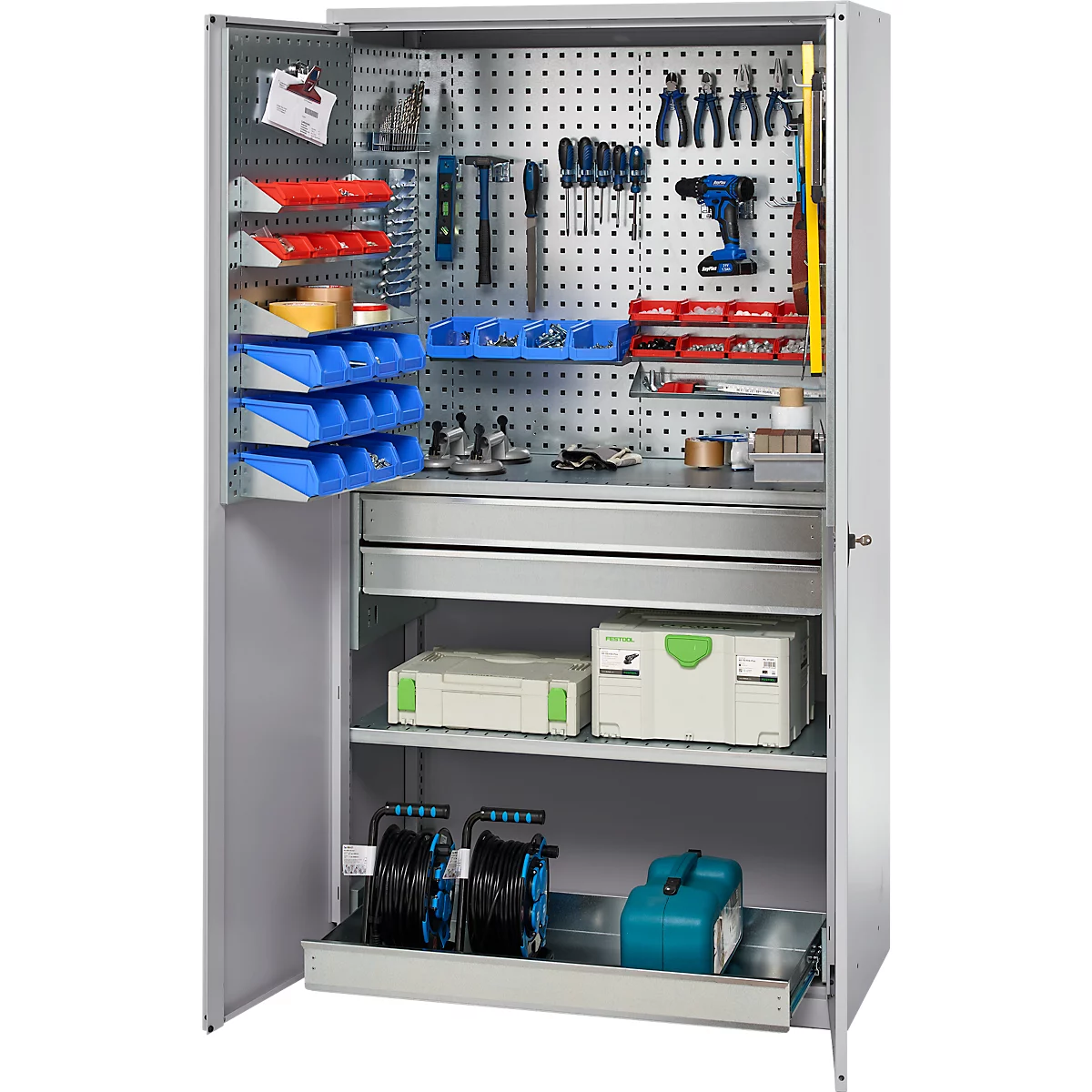 Schäfer Shop Genius materiaalkast FS, 5 OH, afsluitbaar, geperforeerde roosterwanden/2 laden/2 legborden, tot 450 kg, B 1055 x D 520 x H 1950 mm, blank aluminium/wit aluminium + gratis inzetbakset-24 st.