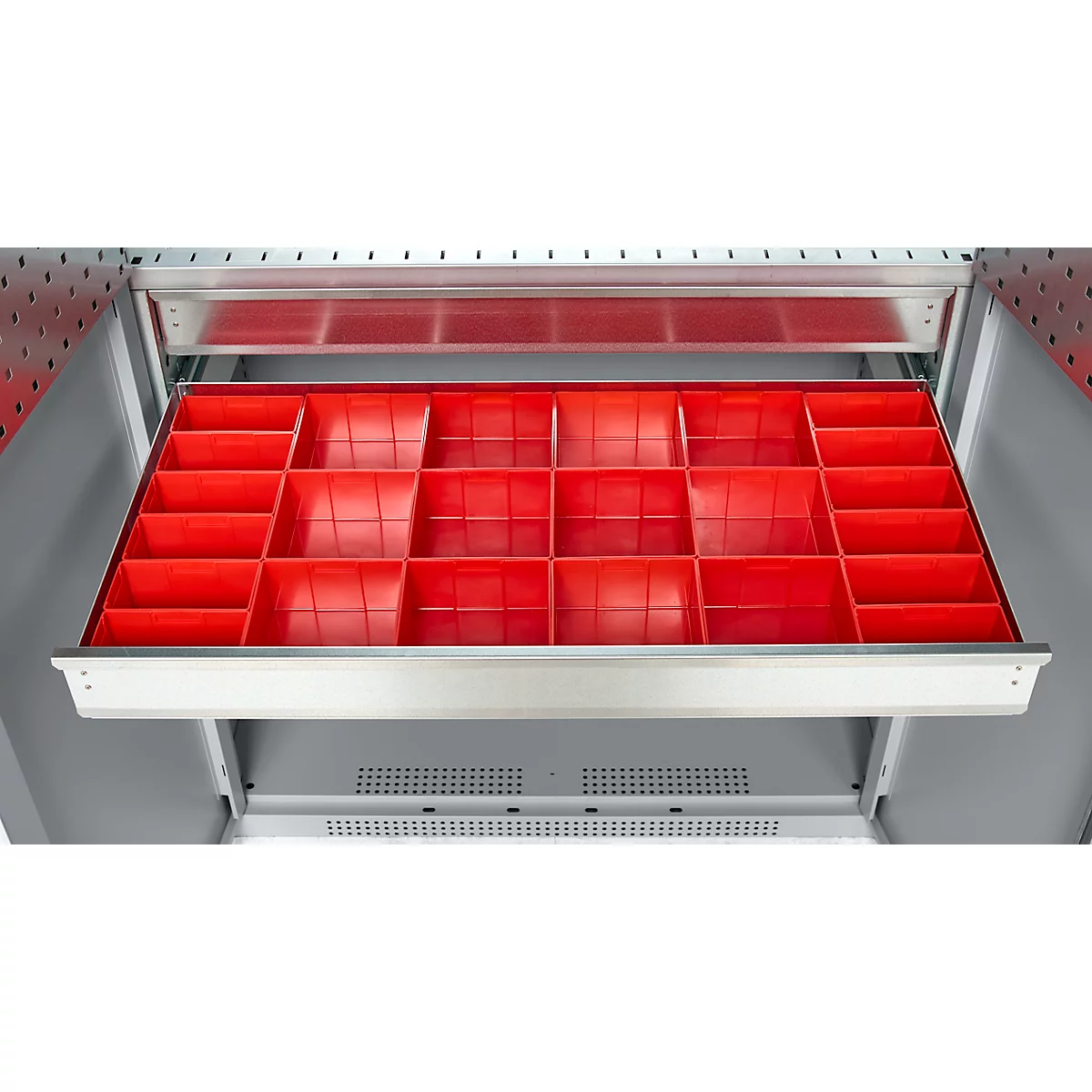 Schäfer Shop Genius materiaalkast FS, 5 OH, afsluitbaar, geperforeerde roosterwanden/2 laden/2 legborden, tot 450 kg, B 1055 x D 520 x H 1950 mm, blank aluminium/wit aluminium + gratis inzetbakset-24 st.