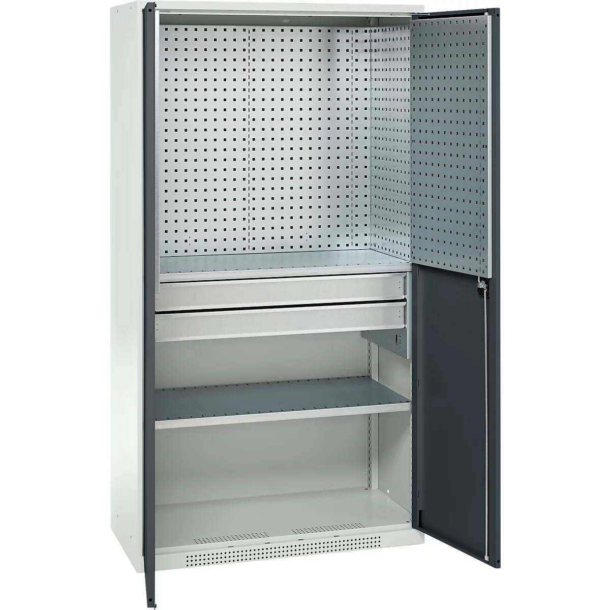 Schäfer Shop Genius materiaalkast FS, 5 OH, afsluitbaar, geperforeerde roosterwanden/2 laden/2 legborden, tot 450 kg, B 1055 x D 520 x H 1950 mm, lichtgrijs/antracietgrijs + gratis inzetbakset-24 st.