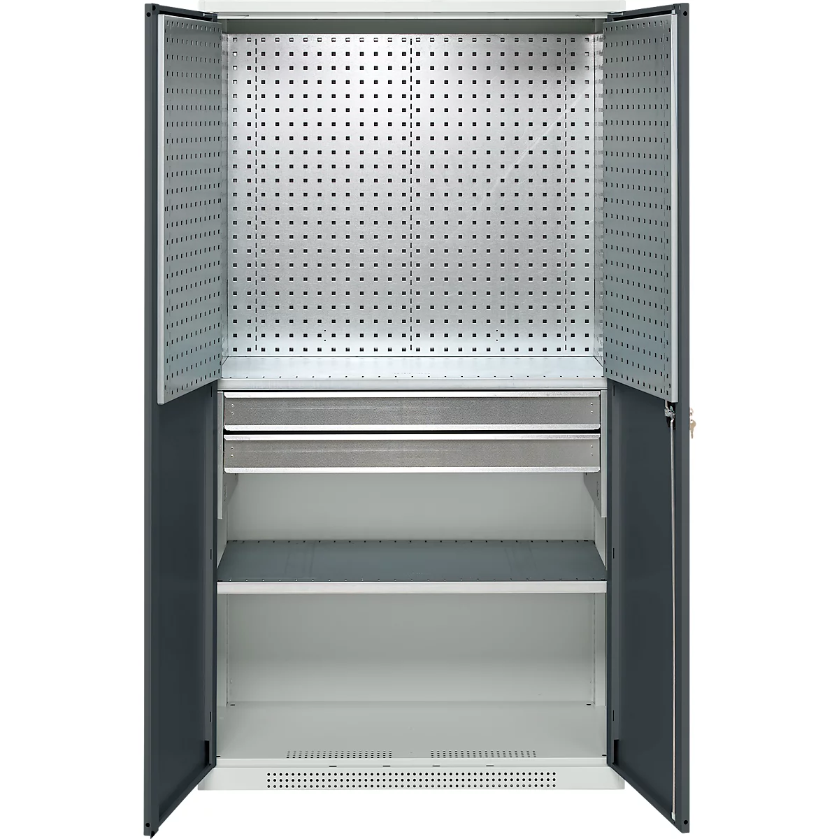 Schäfer Shop Genius materiaalkast FS, 5 OH, afsluitbaar, geperforeerde roosterwanden/2 laden/2 legborden, tot 450 kg, B 1055 x D 520 x H 1950 mm, lichtgrijs/antracietgrijs + gratis inzetbakset-24 st.