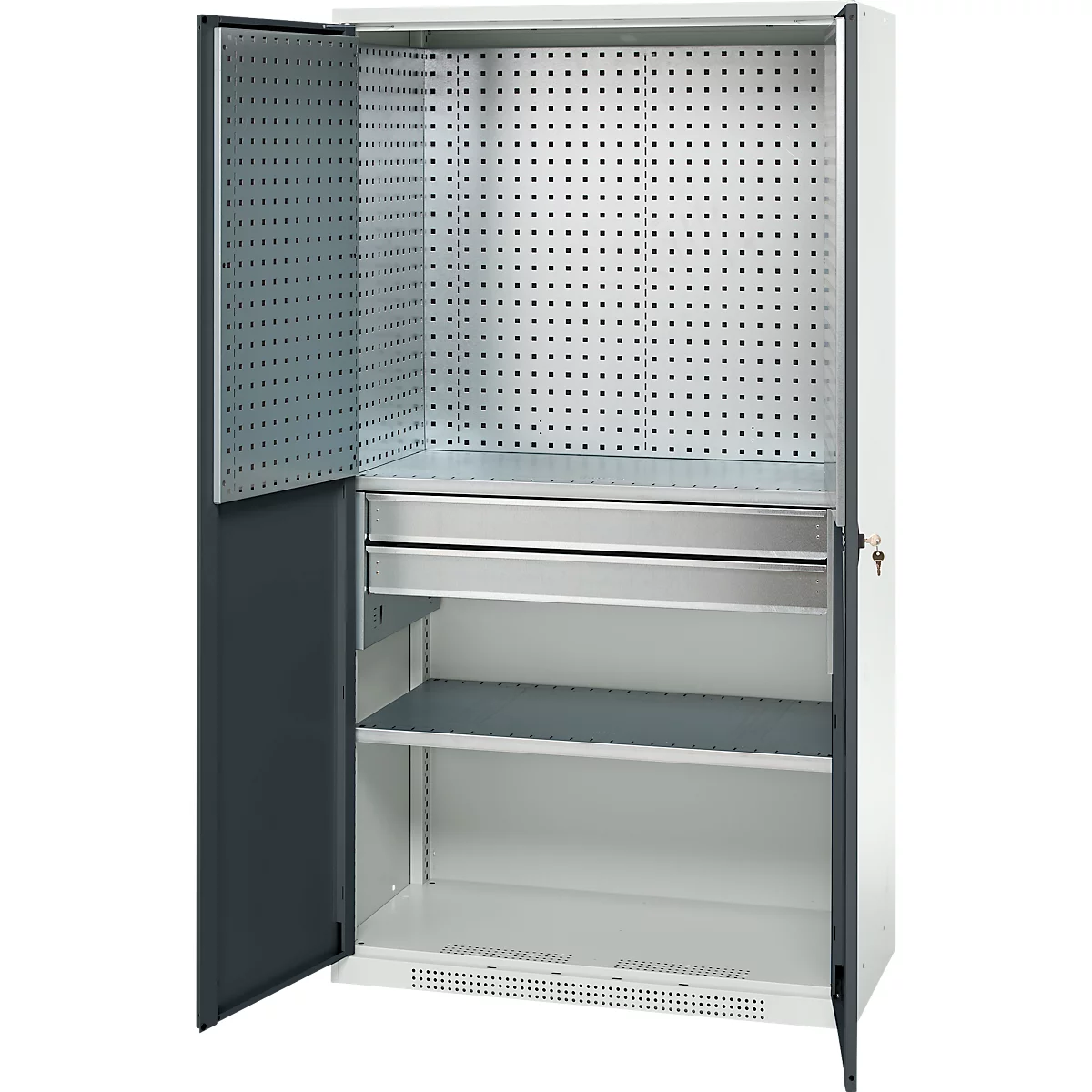 Schäfer Shop Genius materiaalkast FS, 5 OH, afsluitbaar, geperforeerde roosterwanden/2 laden/2 legborden, tot 450 kg, B 1055 x D 520 x H 1950 mm, lichtgrijs/antracietgrijs + gratis inzetbakset-24 st.