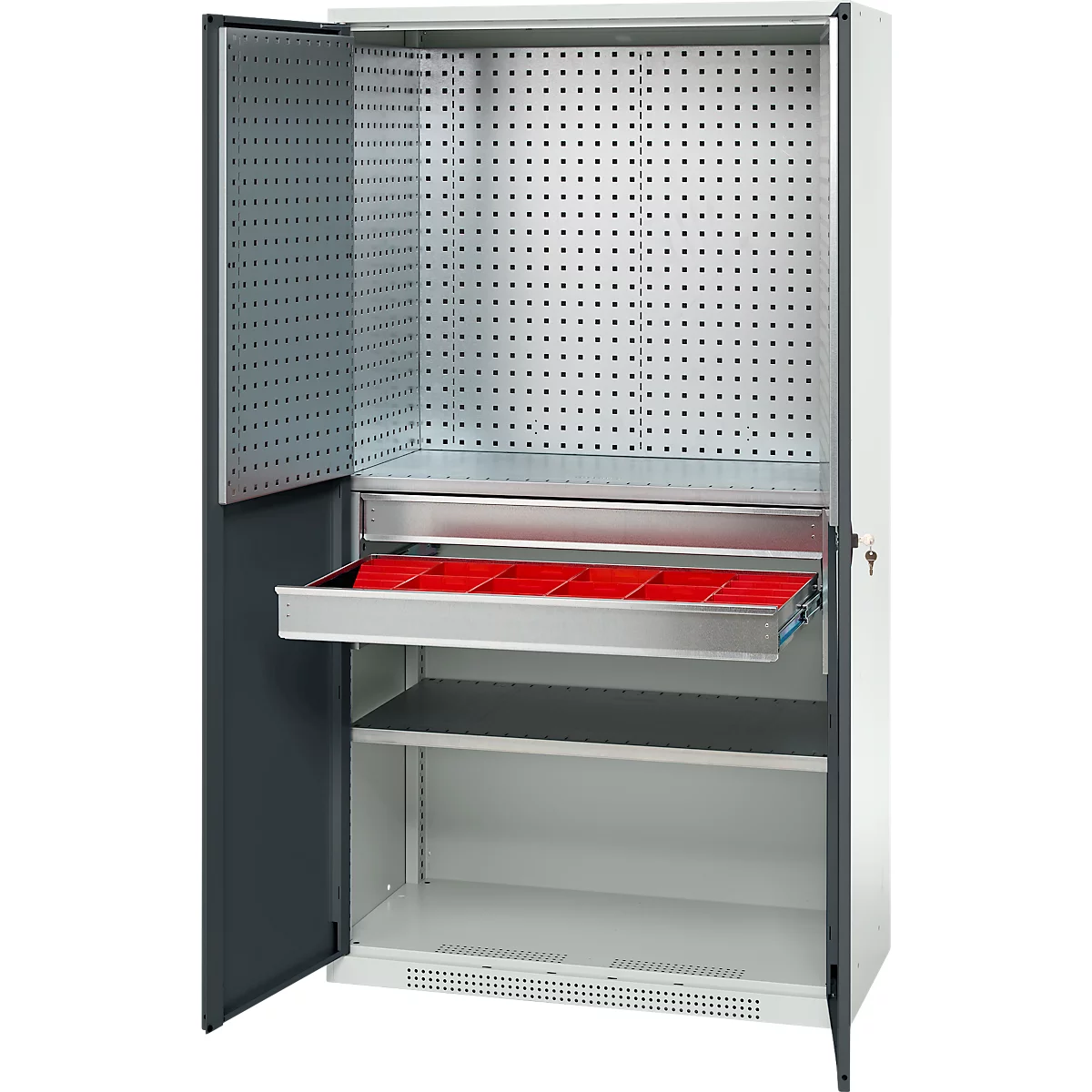 Schäfer Shop Genius materiaalkast FS, 5 OH, afsluitbaar, geperforeerde roosterwanden/2 laden/2 legborden, tot 450 kg, B 1055 x D 520 x H 1950 mm, lichtgrijs/antracietgrijs + gratis inzetbakset-24 st.