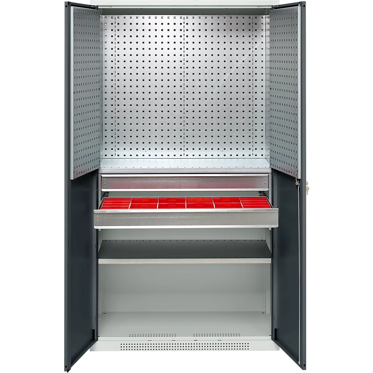 Schäfer Shop Genius materiaalkast FS, 5 OH, afsluitbaar, geperforeerde roosterwanden/2 laden/2 legborden, tot 450 kg, B 1055 x D 520 x H 1950 mm, lichtgrijs/antracietgrijs + gratis inzetbakset-24 st.