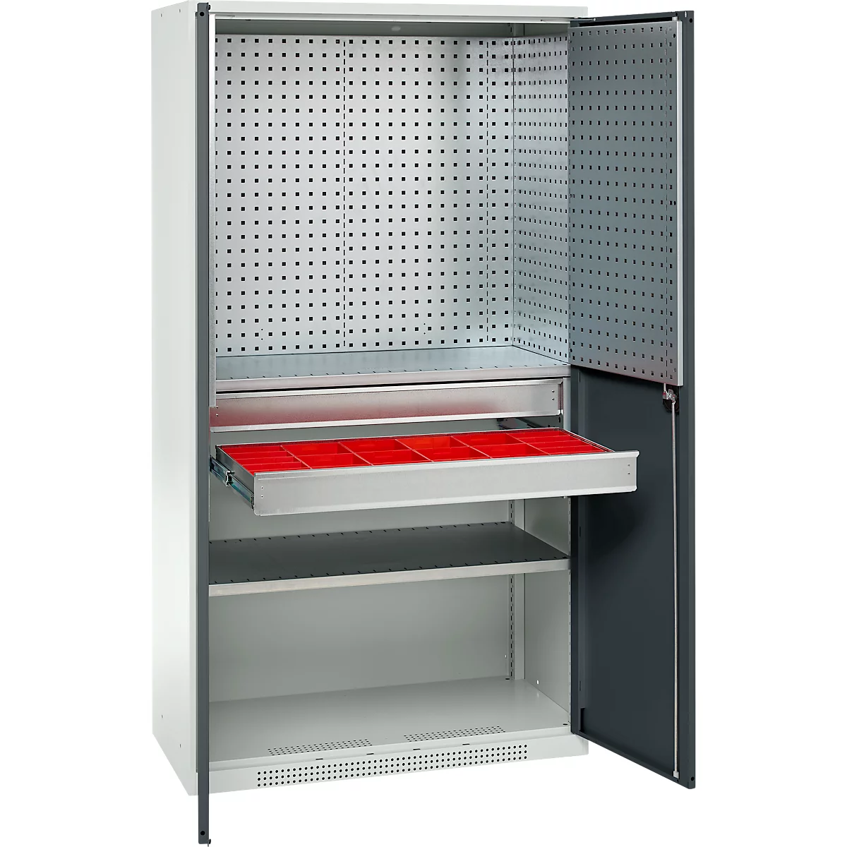 Schäfer Shop Genius materiaalkast FS, 5 OH, afsluitbaar, geperforeerde roosterwanden/2 laden/2 legborden, tot 450 kg, B 1055 x D 520 x H 1950 mm, lichtgrijs/antracietgrijs + gratis inzetbakset-24 st.