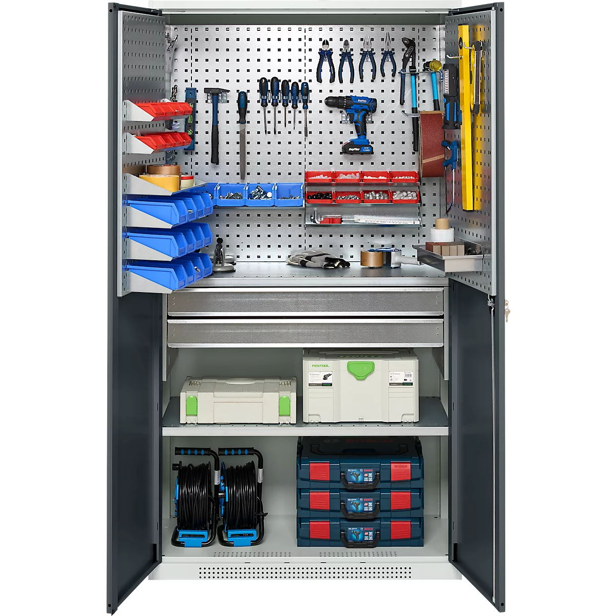 Schäfer Shop Genius materiaalkast FS, 5 OH, afsluitbaar, geperforeerde roosterwanden/2 laden/2 legborden, tot 450 kg, B 1055 x D 520 x H 1950 mm, lichtgrijs/antracietgrijs + gratis inzetbakset-24 st.