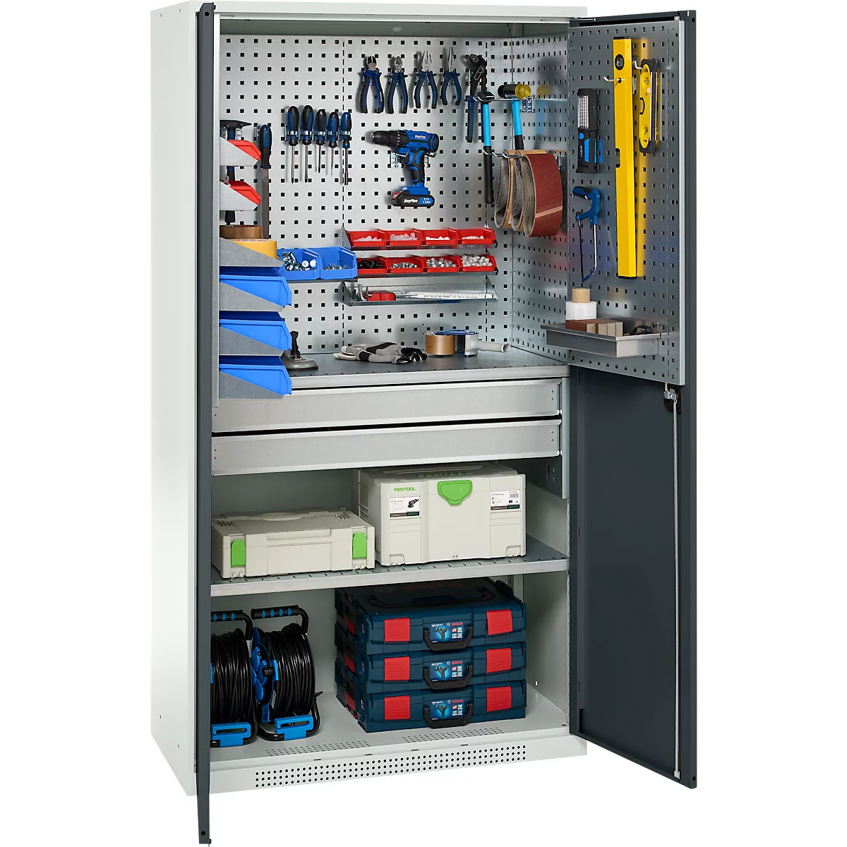 Schäfer Shop Genius materiaalkast FS, 5 OH, afsluitbaar, geperforeerde roosterwanden/2 laden/2 legborden, tot 450 kg, B 1055 x D 520 x H 1950 mm, lichtgrijs/antracietgrijs + gratis inzetbakset-24 st.