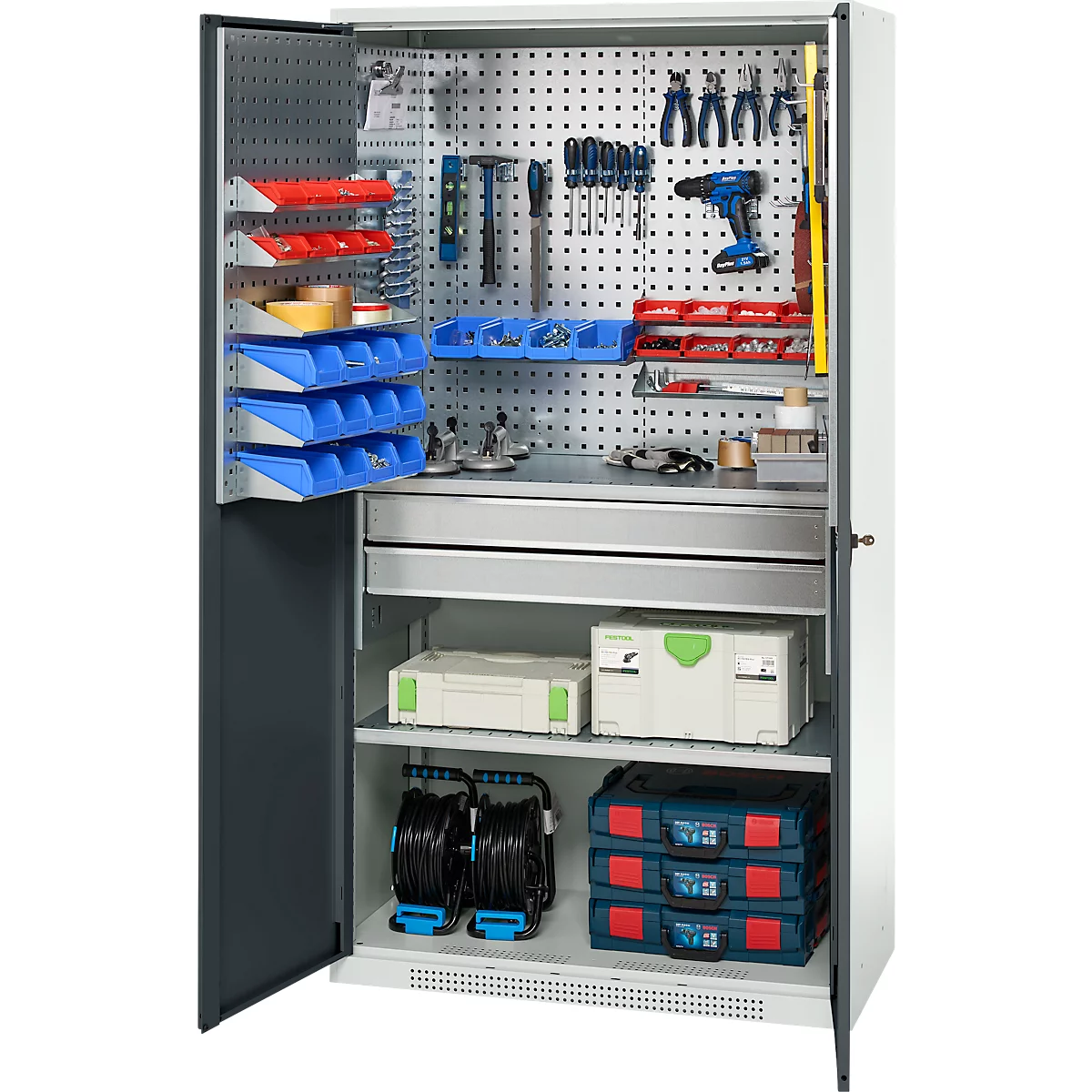 Schäfer Shop Genius materiaalkast FS, 5 OH, afsluitbaar, geperforeerde roosterwanden/2 laden/2 legborden, tot 450 kg, B 1055 x D 520 x H 1950 mm, lichtgrijs/antracietgrijs + gratis inzetbakset-24 st.