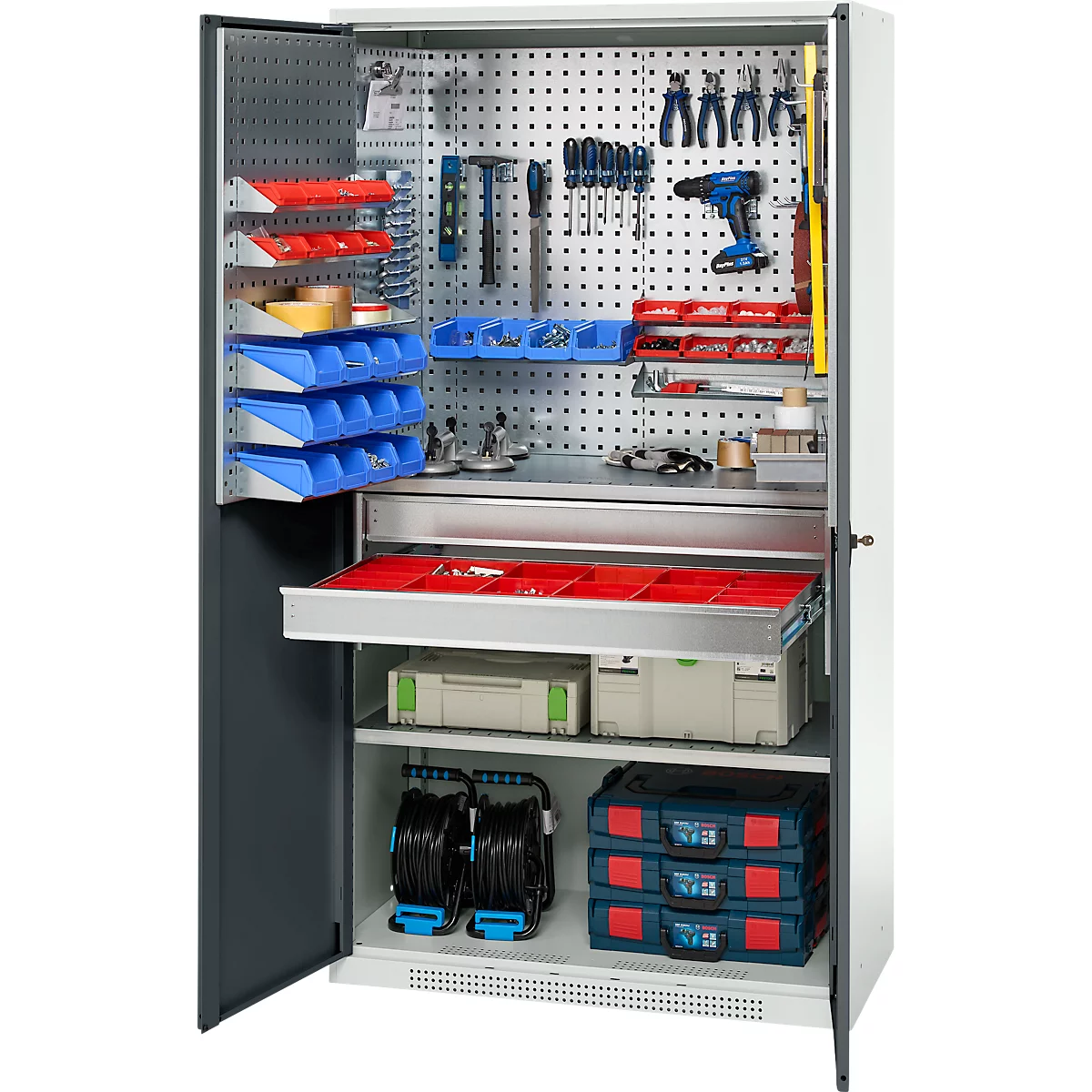 Schäfer Shop Genius materiaalkast FS, 5 OH, afsluitbaar, geperforeerde roosterwanden/2 laden/2 legborden, tot 450 kg, B 1055 x D 520 x H 1950 mm, lichtgrijs/antracietgrijs + gratis inzetbakset-24 st.