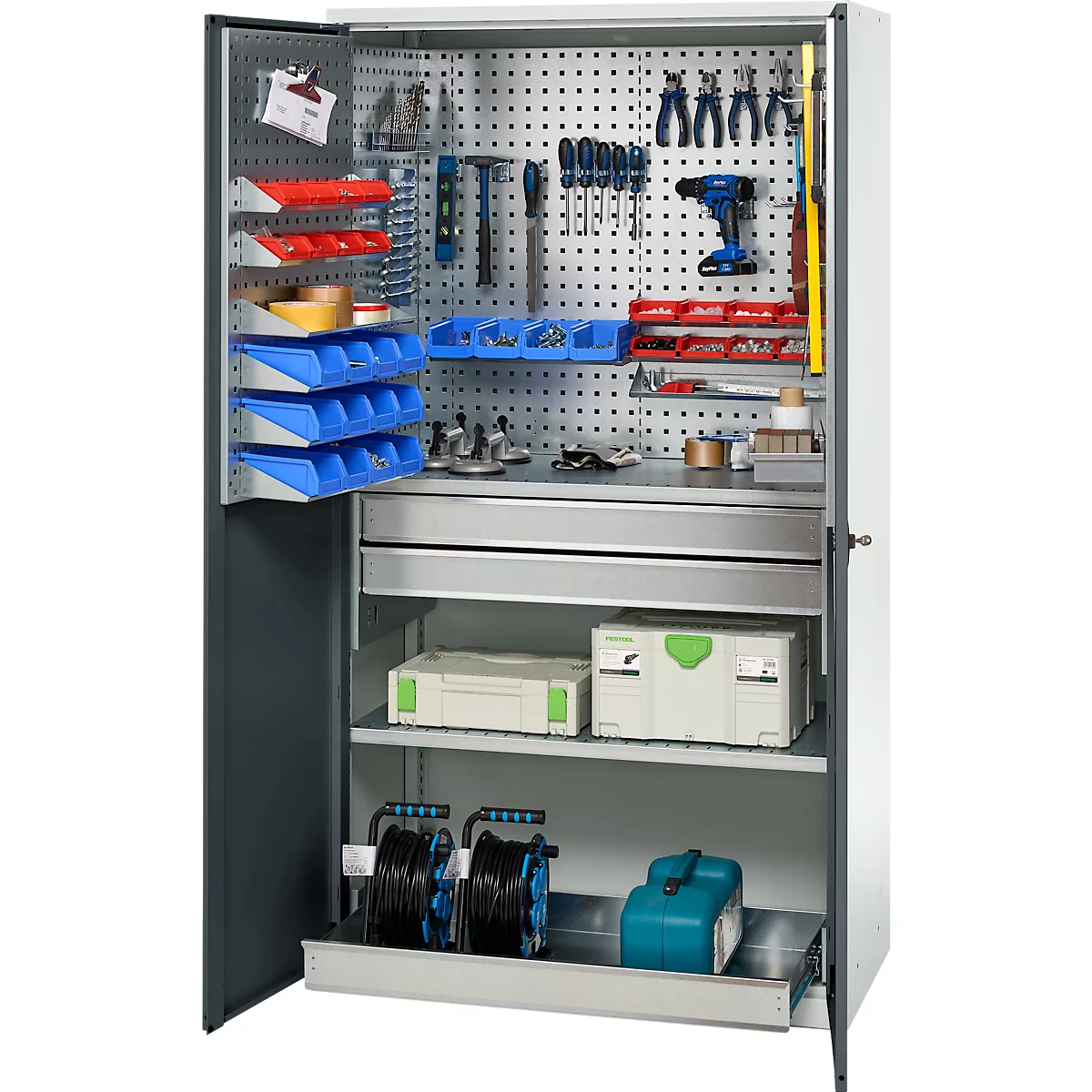 Schäfer Shop Genius materiaalkast FS, 5 OH, afsluitbaar, geperforeerde roosterwanden/2 laden/2 legborden, tot 450 kg, B 1055 x D 520 x H 1950 mm, lichtgrijs/antracietgrijs + gratis inzetbakset-24 st.