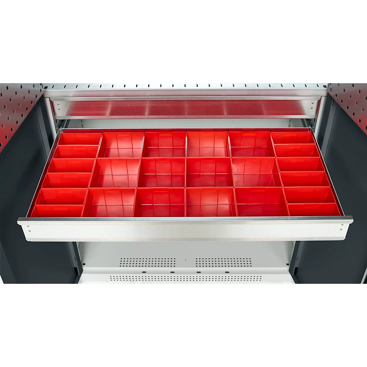 Schäfer Shop Genius materiaalkast FS, 5 OH, afsluitbaar, geperforeerde roosterwanden/2 laden/2 legborden, tot 450 kg, B 1055 x D 520 x H 1950 mm, lichtgrijs/antracietgrijs + gratis inzetbakset-24 st.