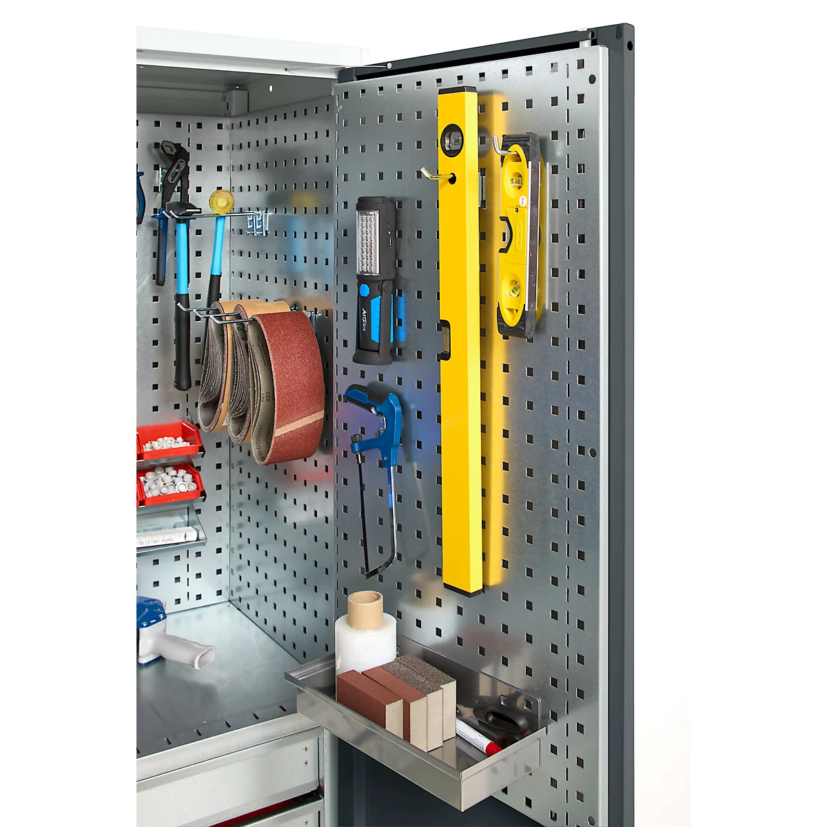Schäfer Shop Genius materiaalkast FS, 5 OH, afsluitbaar, geperforeerde roosterwanden/2 laden/2 legborden, tot 450 kg, B 1055 x D 520 x H 1950 mm, lichtgrijs/antracietgrijs + gratis inzetbakset-24 st.